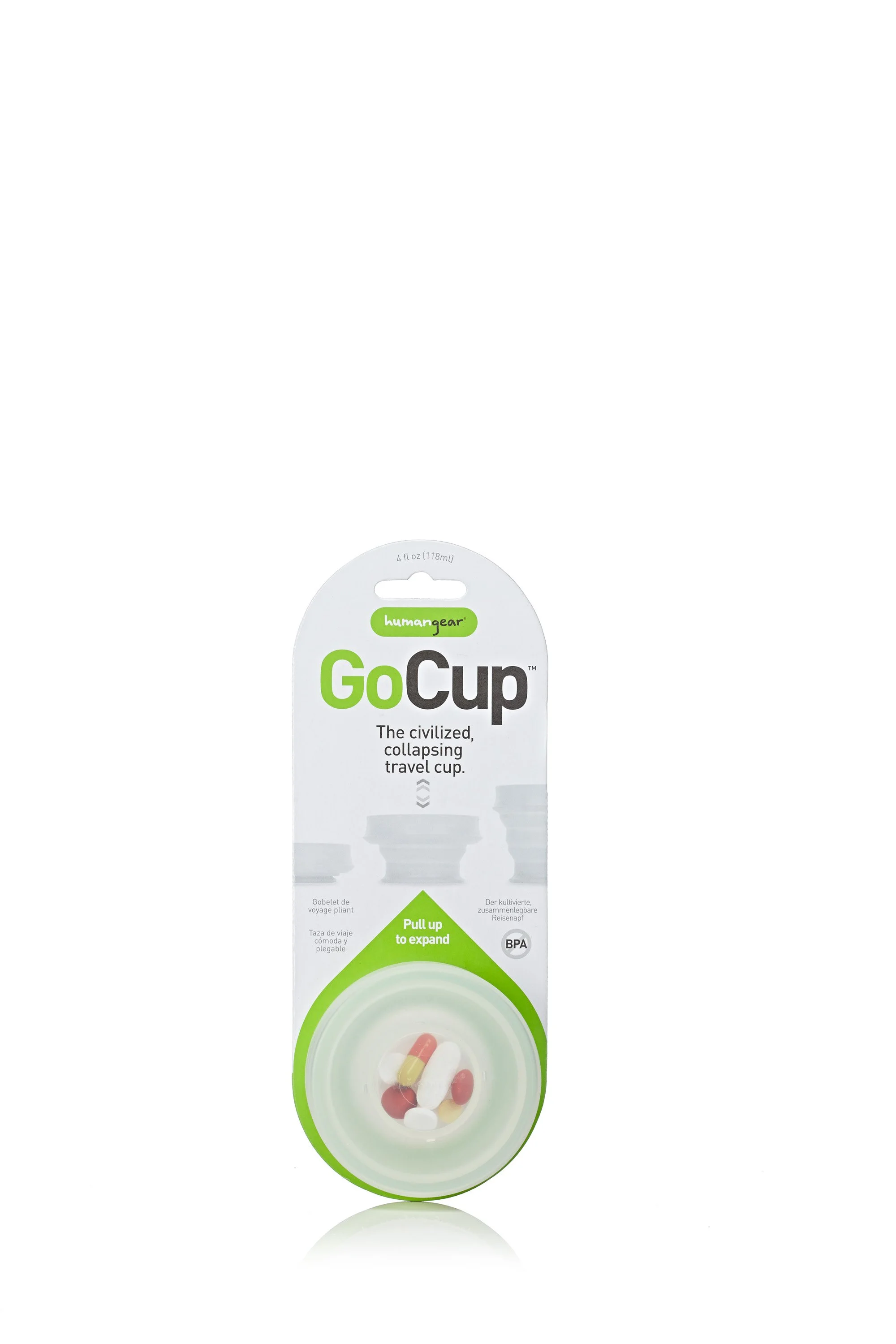 Humangear GoCup packaging for collapsible travel cup with pills inside, 4 fl oz size.