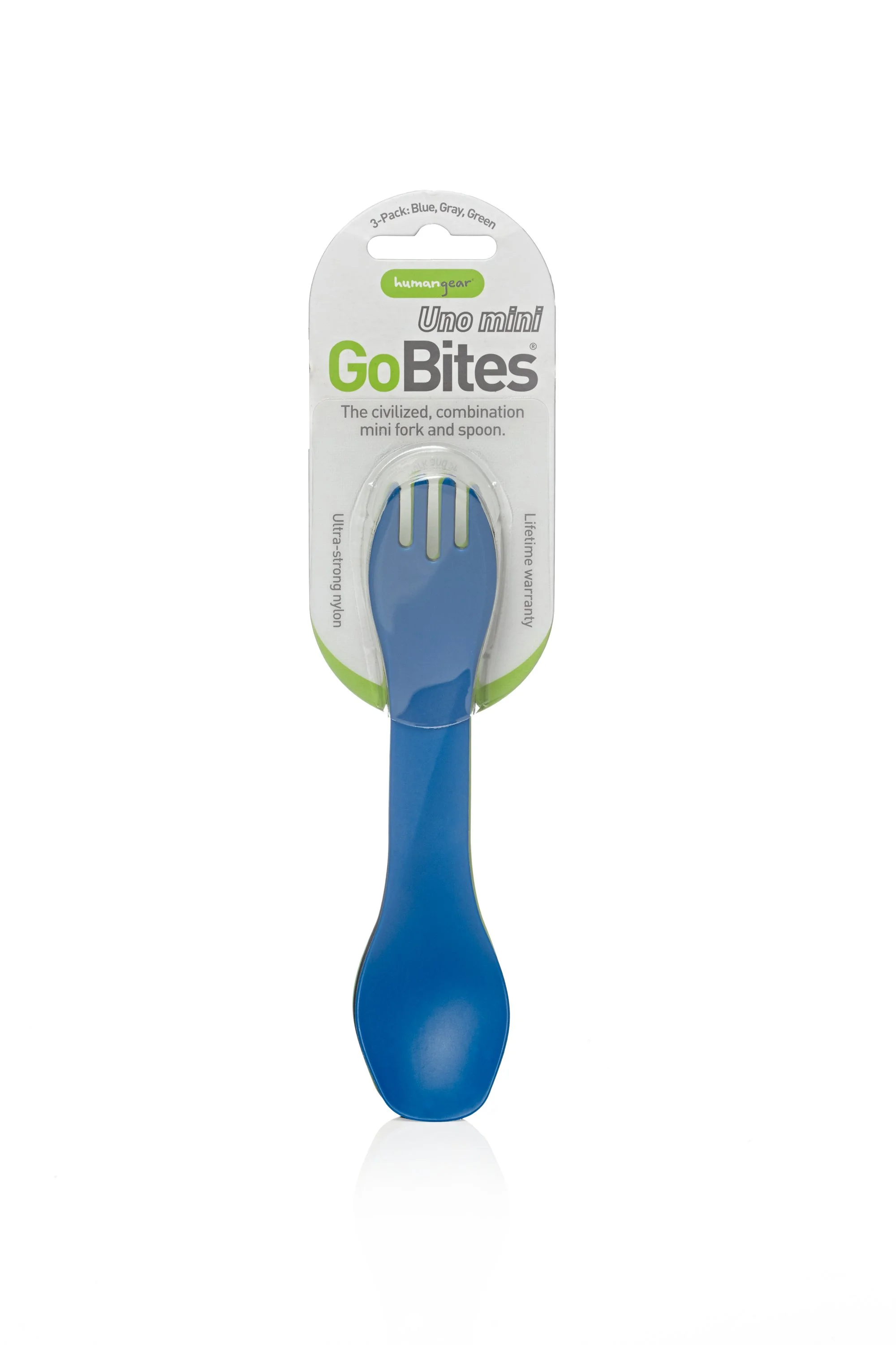 Blue GoBites Uno mini utensil, a combination fork and spoon, in packaging.