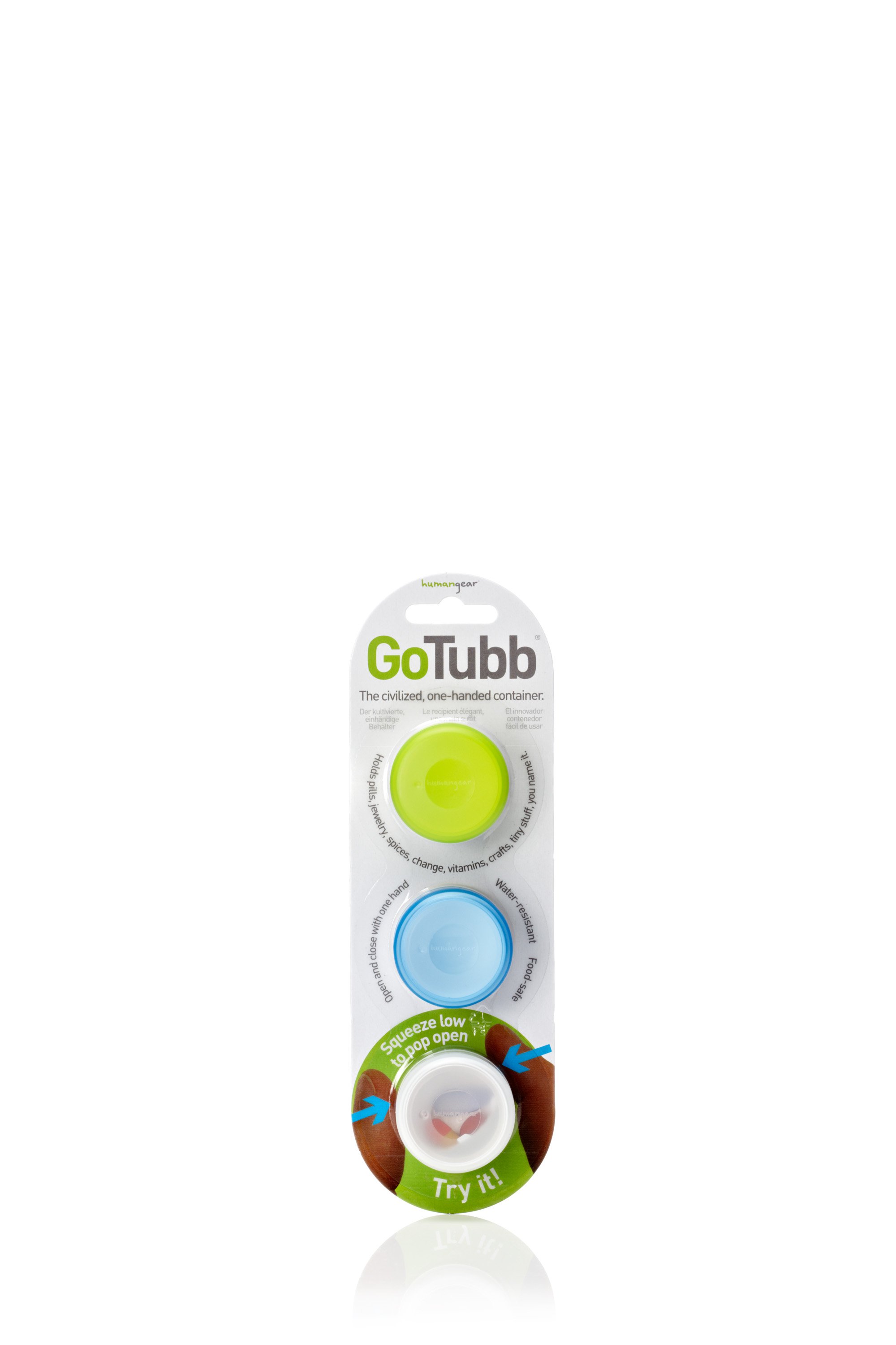 GoTubb container packaging with three circular, one-handed containers in green, blue, and white. The packaging highlights its easy open-and-close design and water-resistant feature.