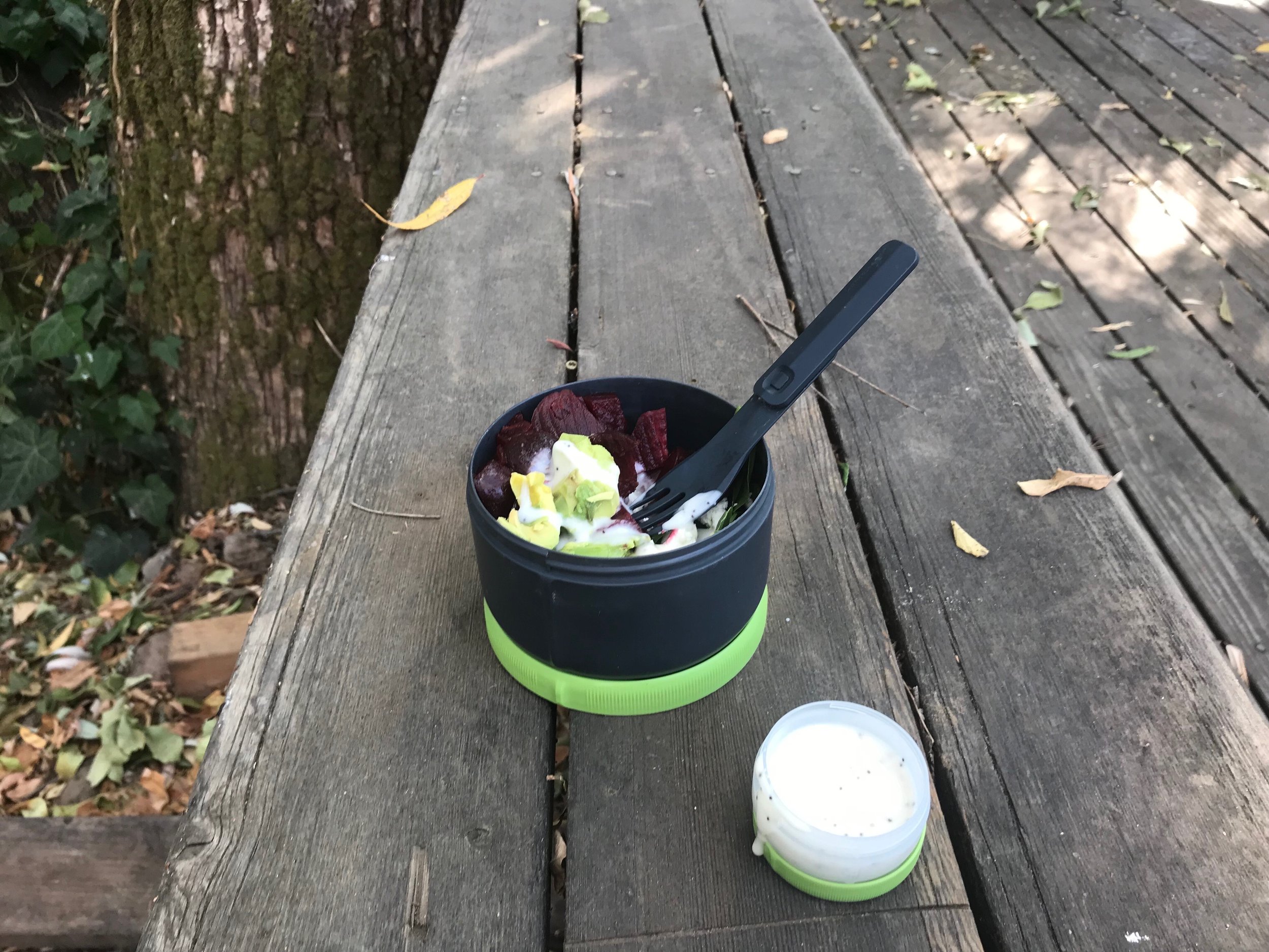 Outdoor scene with a salad in a container on a wooden bench, next to a small container of dressing.