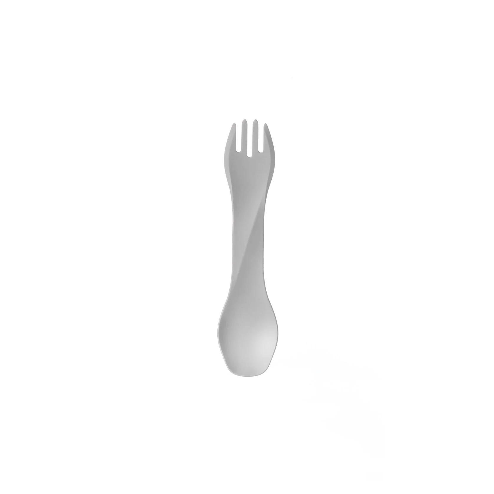A stainless steel spork on a white background