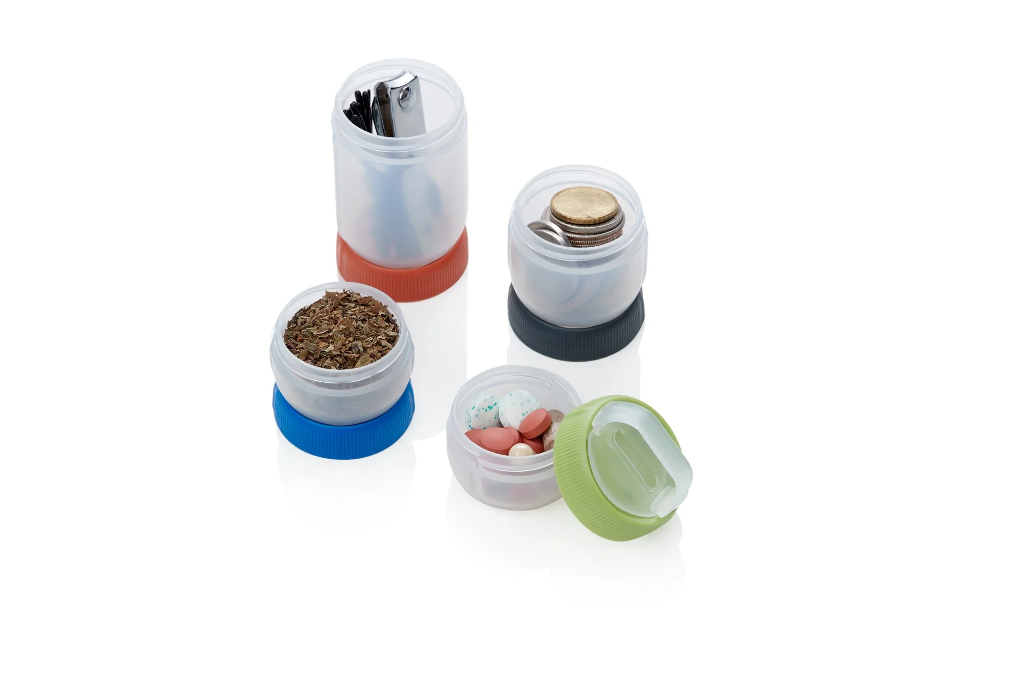 Assorted small plastic containers with colored lids holding various items like pills, dried herbs, coins, and personal care tools.