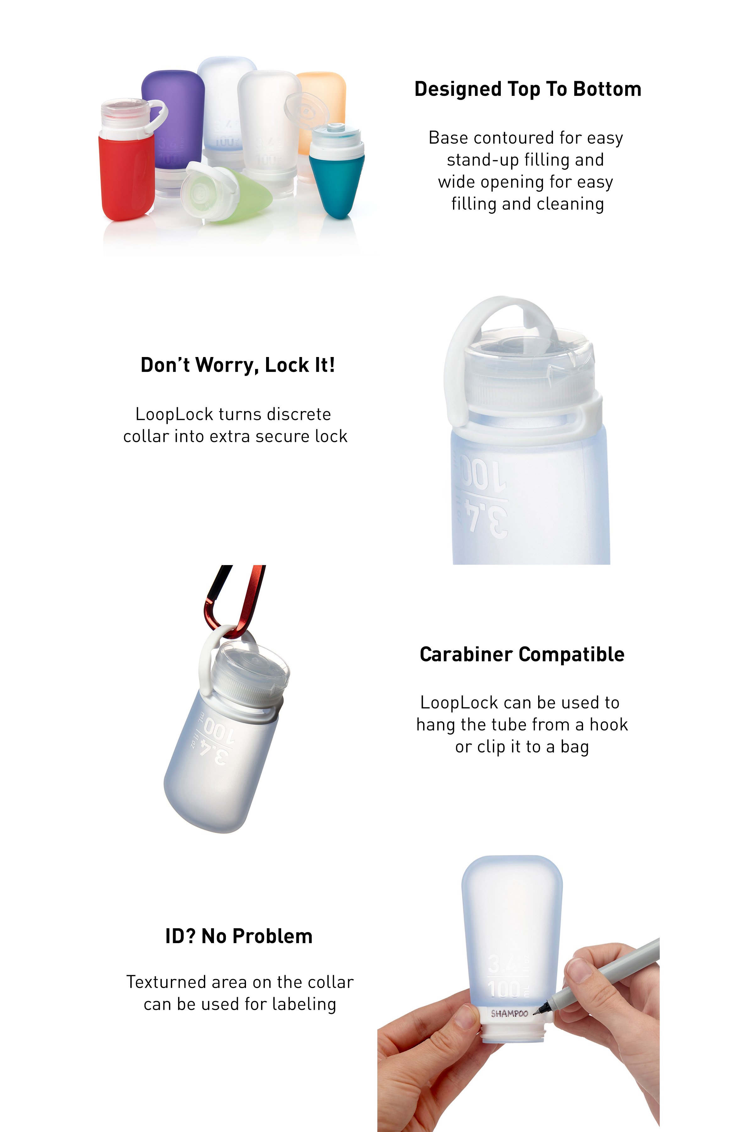 Image of GoToobs standing on end to show easy filling. Image of loop lock over the top to secure the lid. Image of loop lock being used as a carabiner. Image of the content area on the gotoob+ collar.