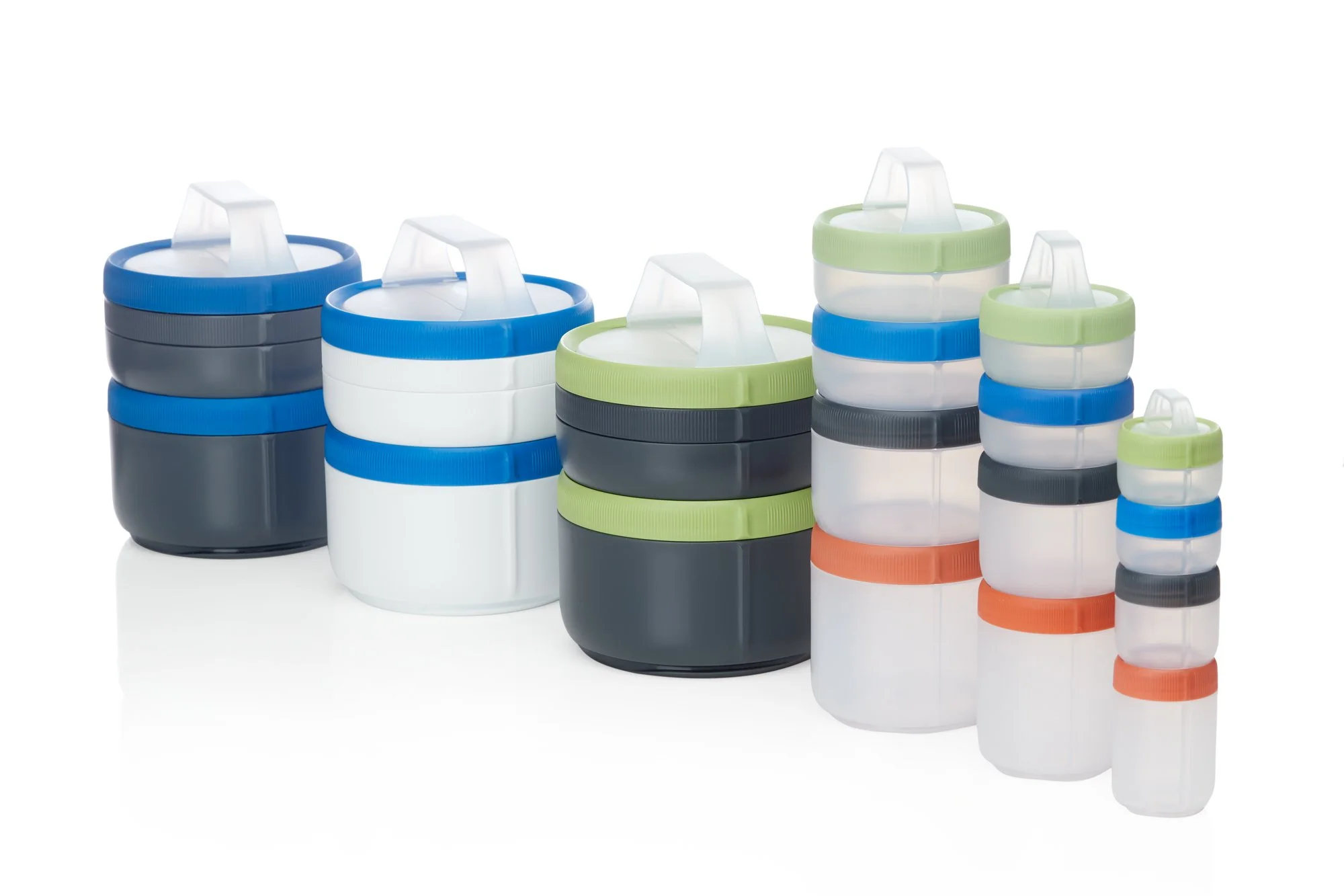 Colorful stackable food containers with lids in various sizes with handles.