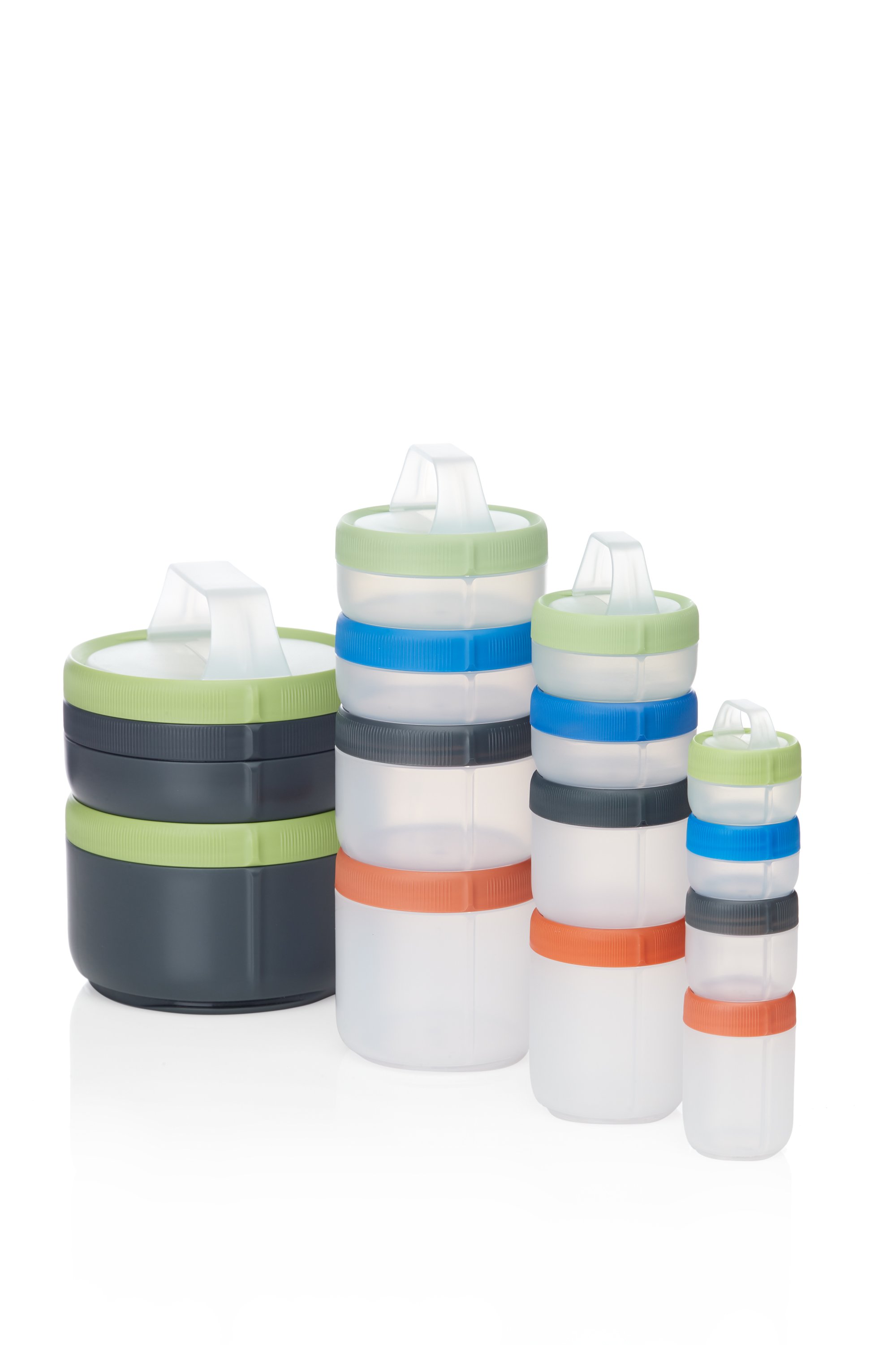 Stackable plastic storage containers with colorful lids on a white background. The lids are in green, blue, orange, and gray colors.