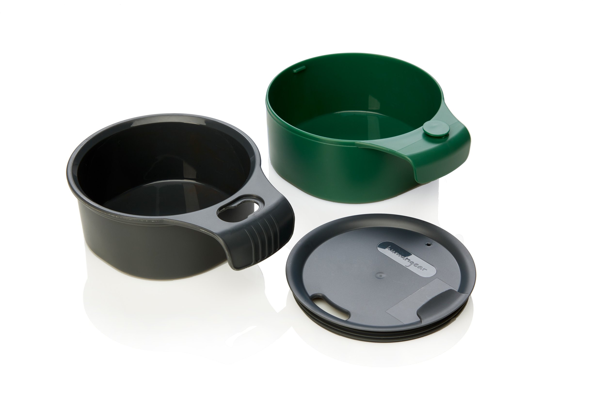 Set of black and green plastic bowls with matching lids on a white background.