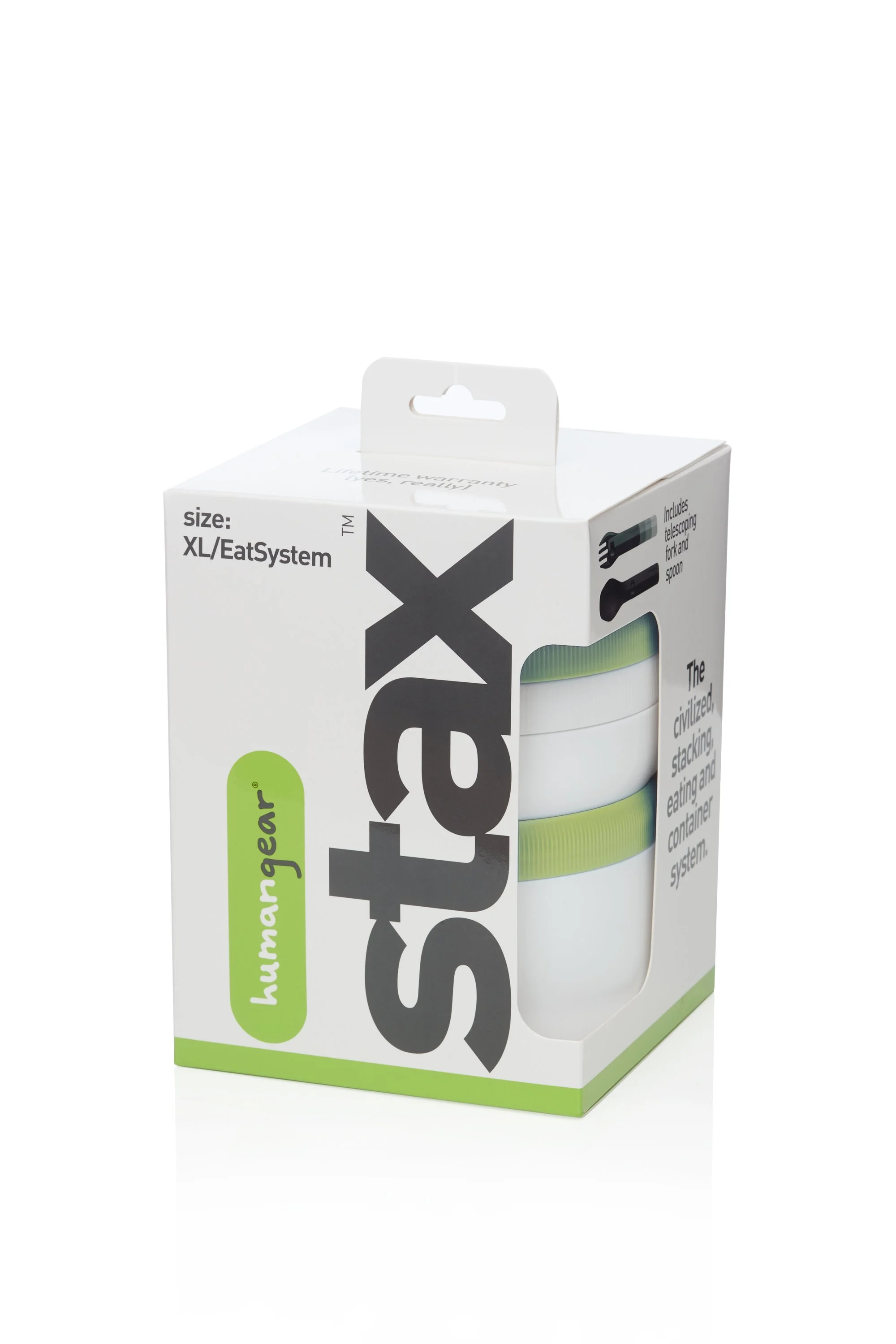 Humangear Stax packaging for XL EatSystem, featuring a stackable container system with included telescoping fork and spoon, with a visible green accent.
