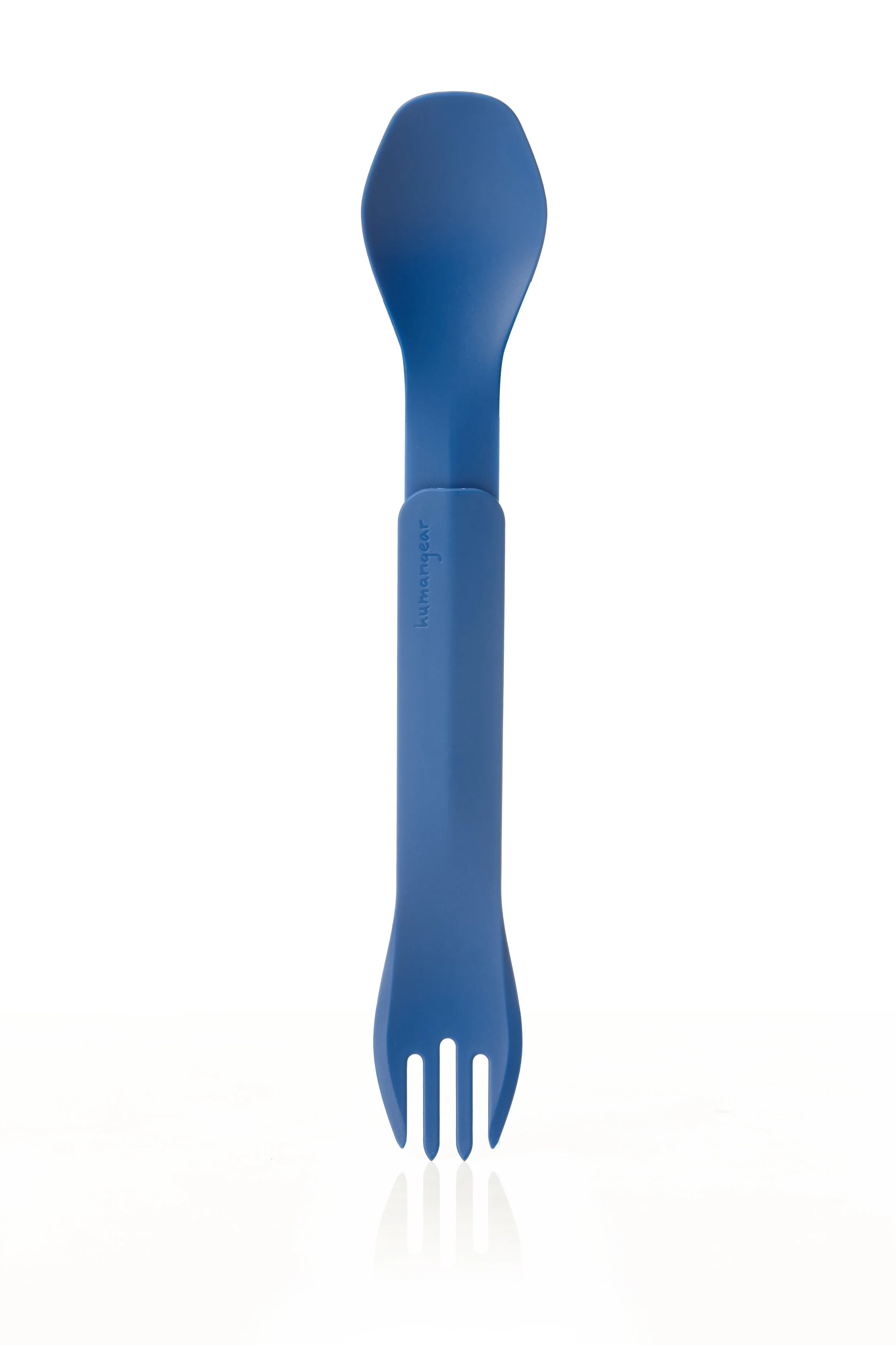 Blue spork utensil with a spoon on one end and fork on the other, displayed vertically.