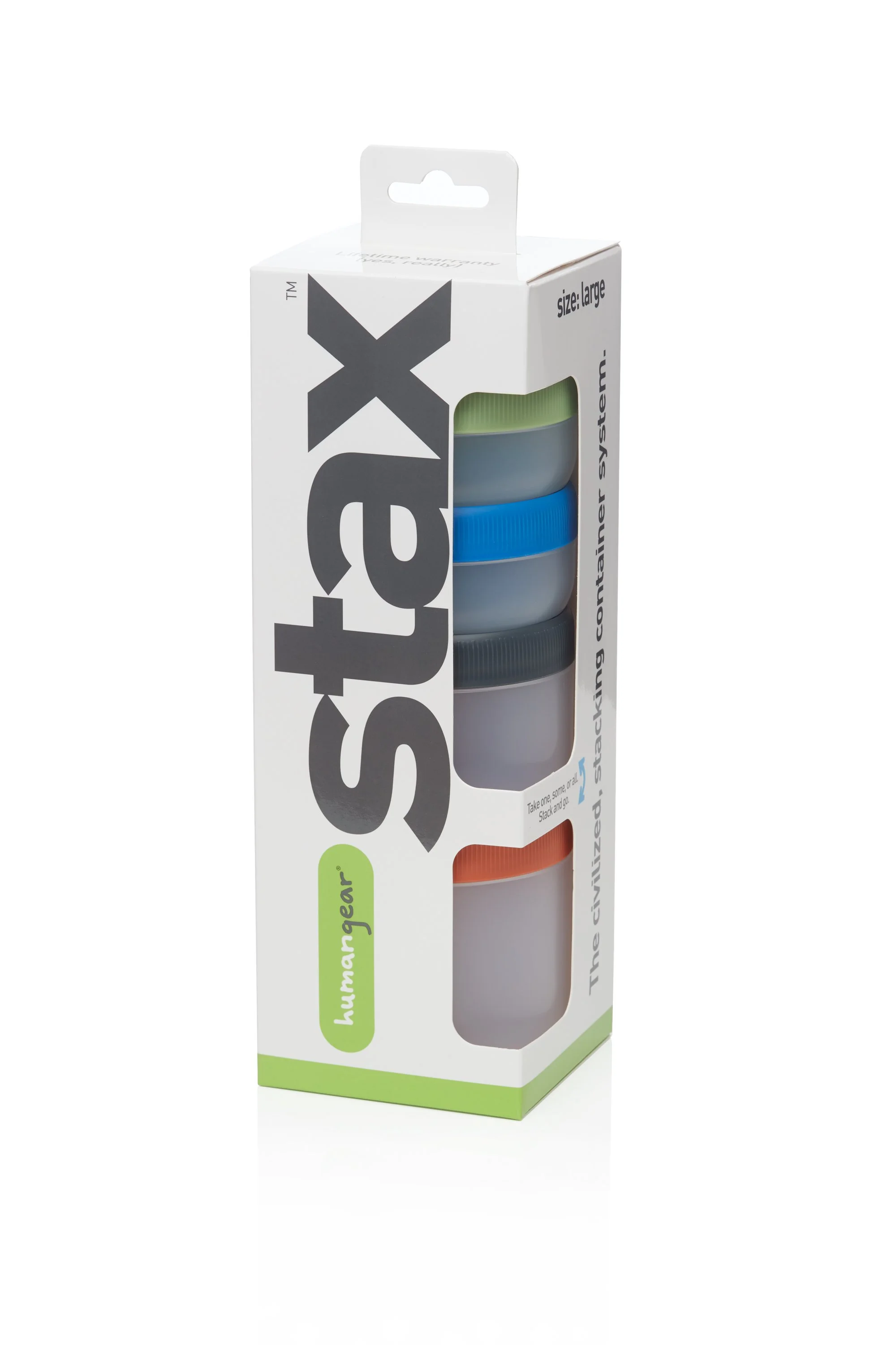 Humangear Stax packaging with stackable containers in assorted colors