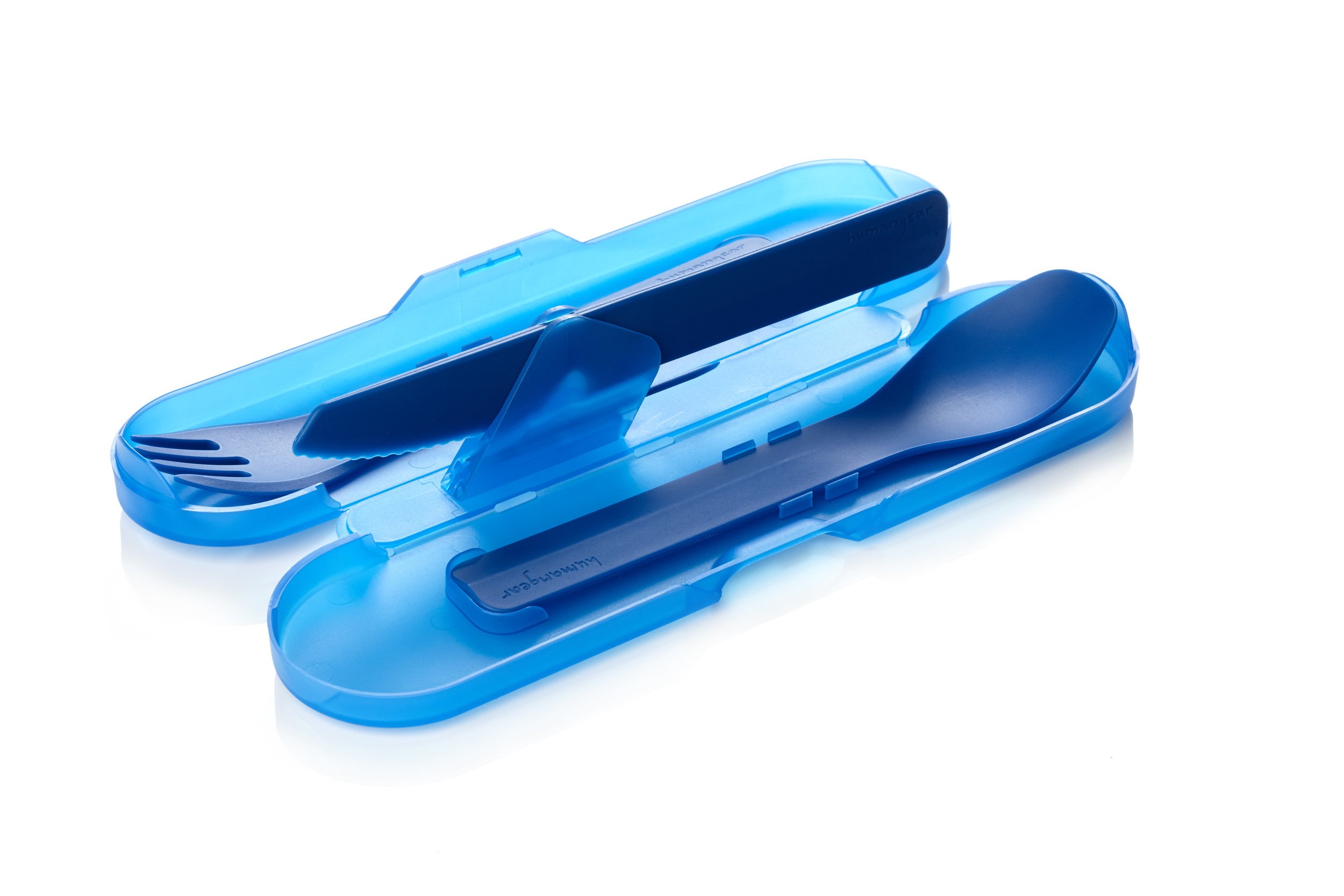 Blue travel utensil set with knife, fork, and spoon in a plastic case.