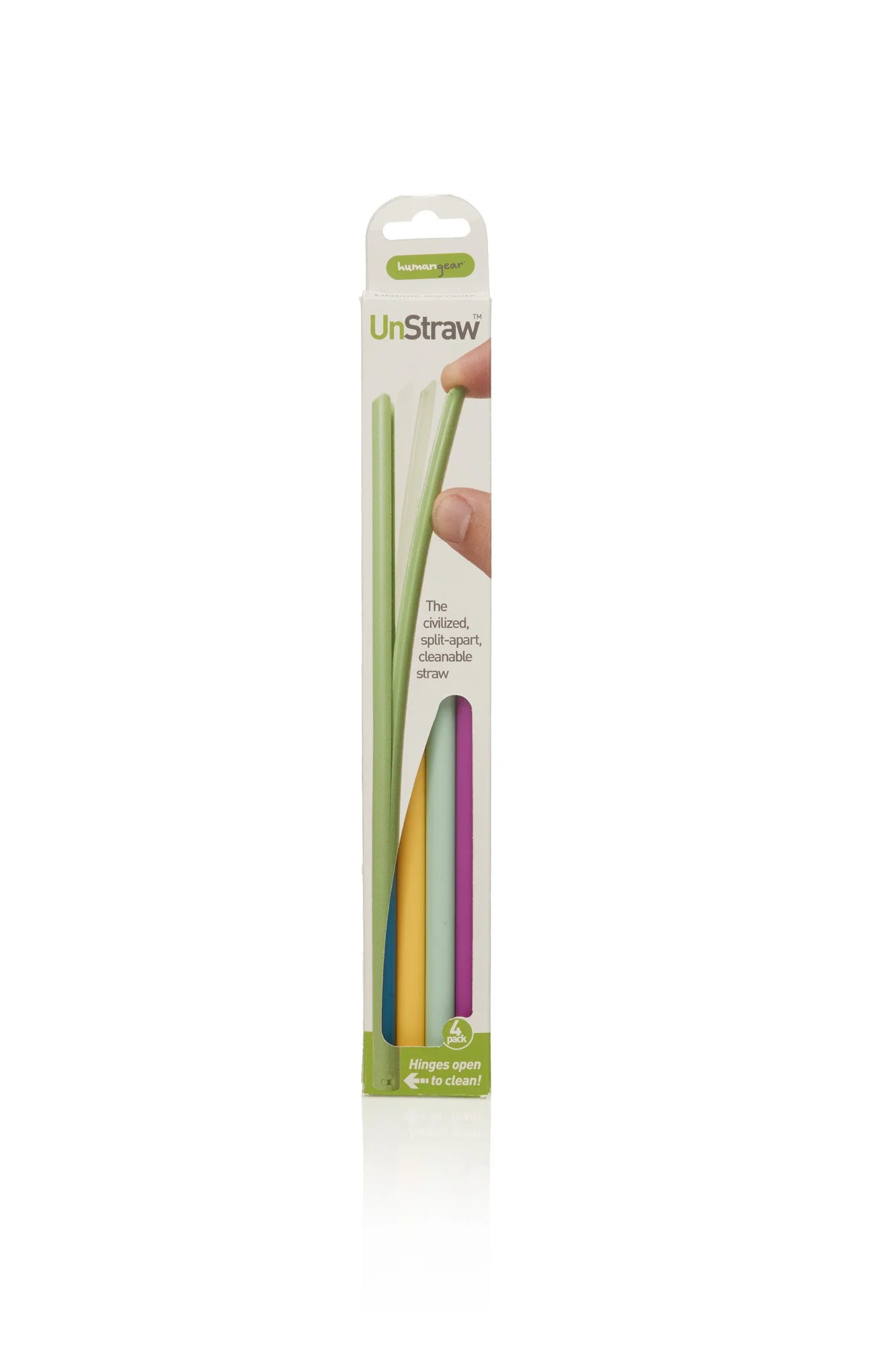 UnStraw packaging with four colorful reusable silicone straws, split-apart design for easy cleaning.