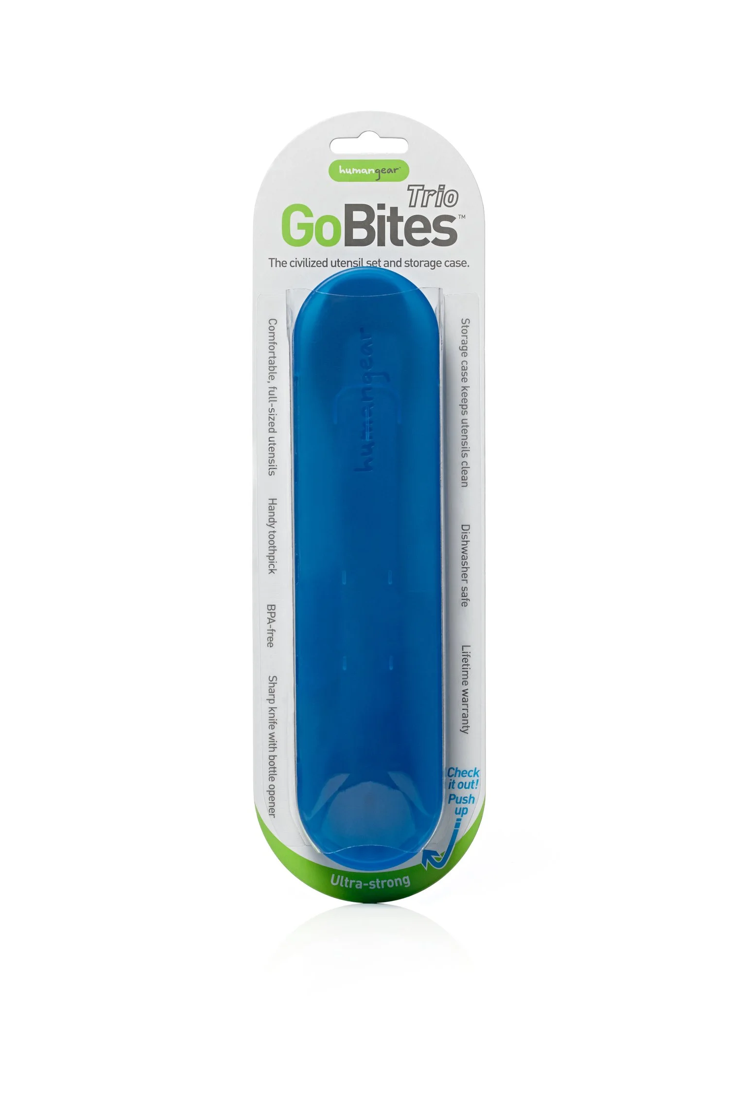 Humangear GoBites Trio utensil set in blue case, packaged with a white and green label highlighting features like BPA-free, dishwasher safe, and lifetime warranty.