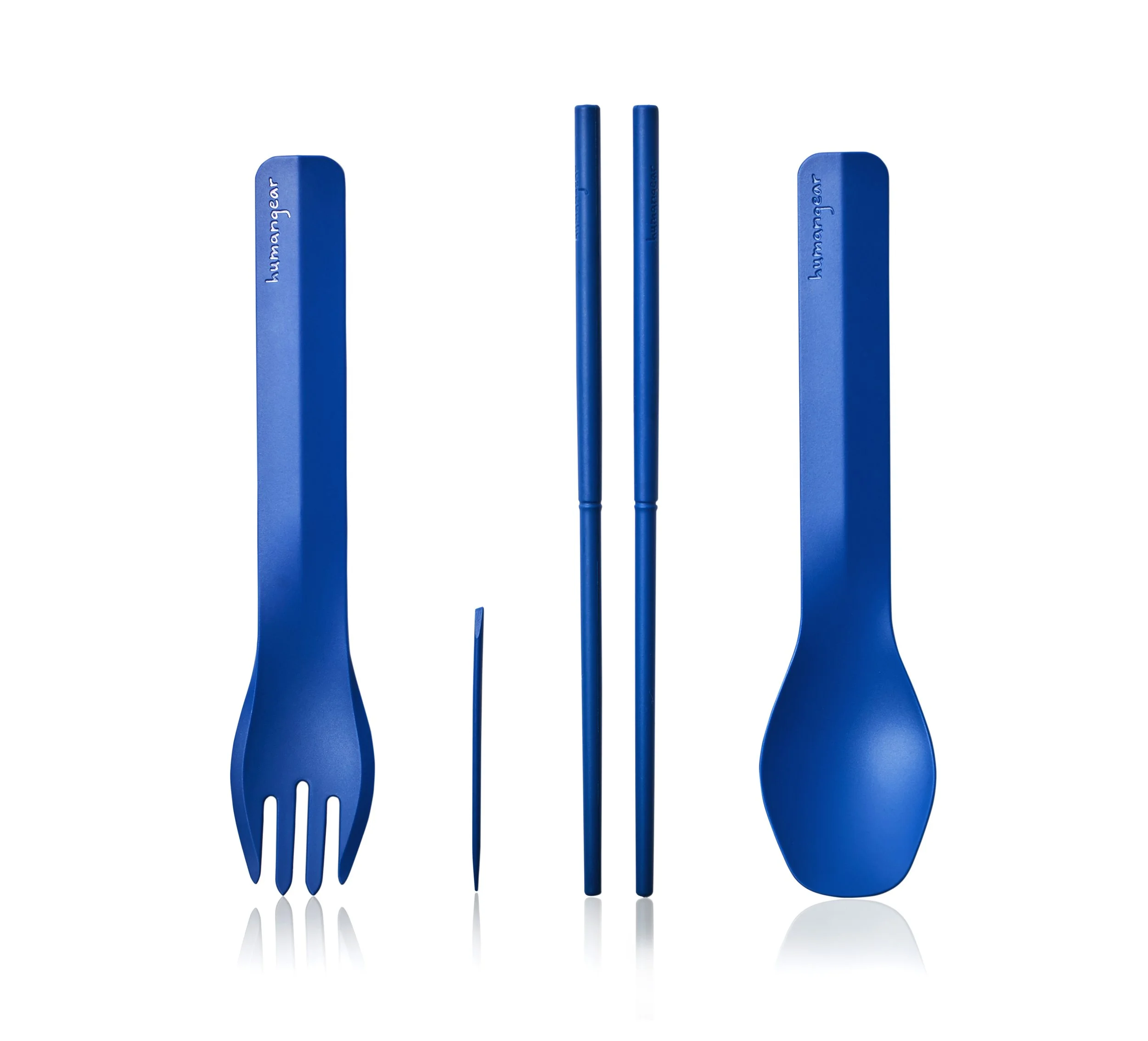 Blue reusable cutlery set including a spork, chopsticks, toothpick, and spoon on a white background.