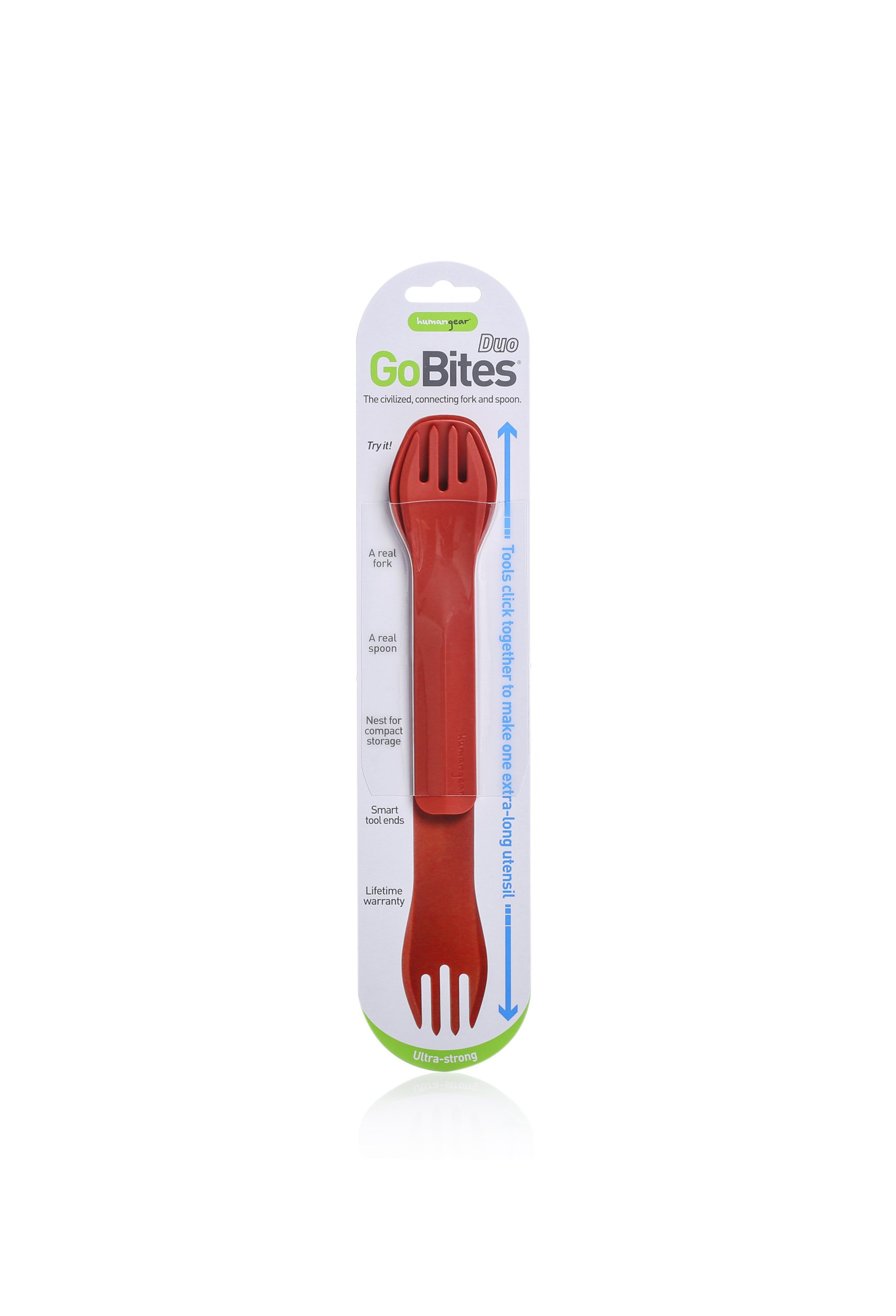 Red camping utensil set, GoBites Duo, featuring a fork and spoon, packaged together.