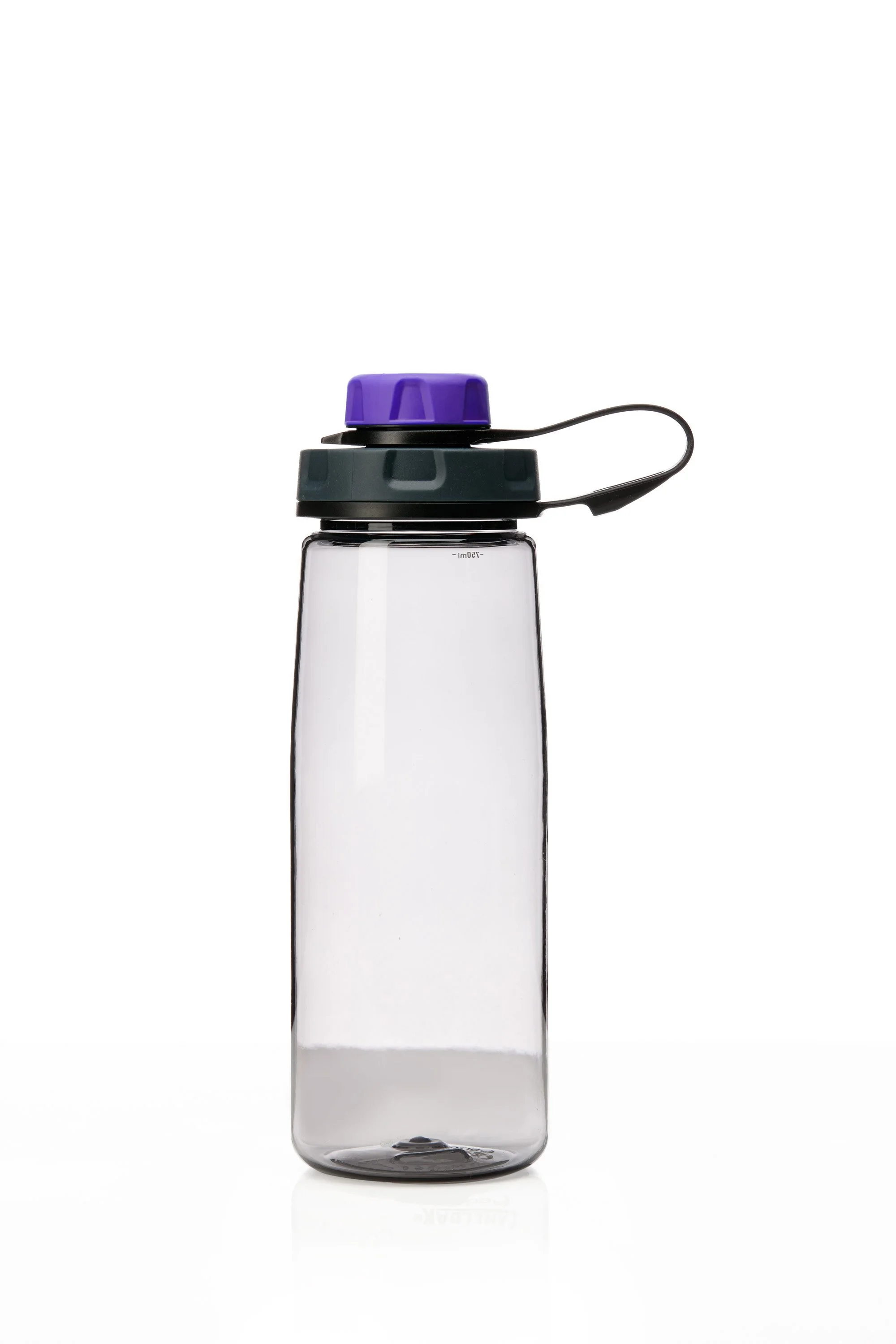Clear water bottle with a purple cap and black carrying strap.