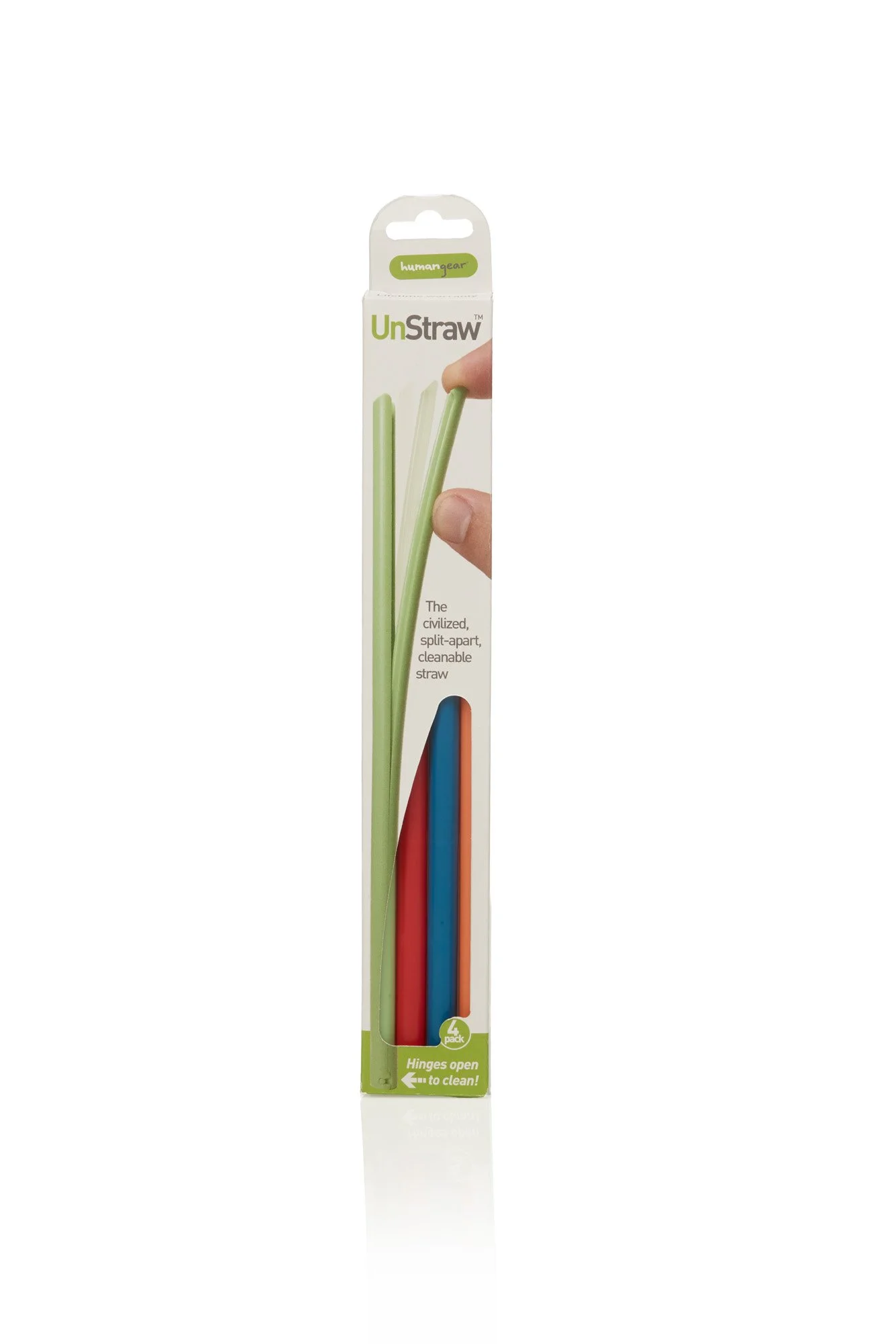 Packaging of UnStraw reusable straws, featuring green, red, blue, and orange straws, marketed as split-apart and cleanable.