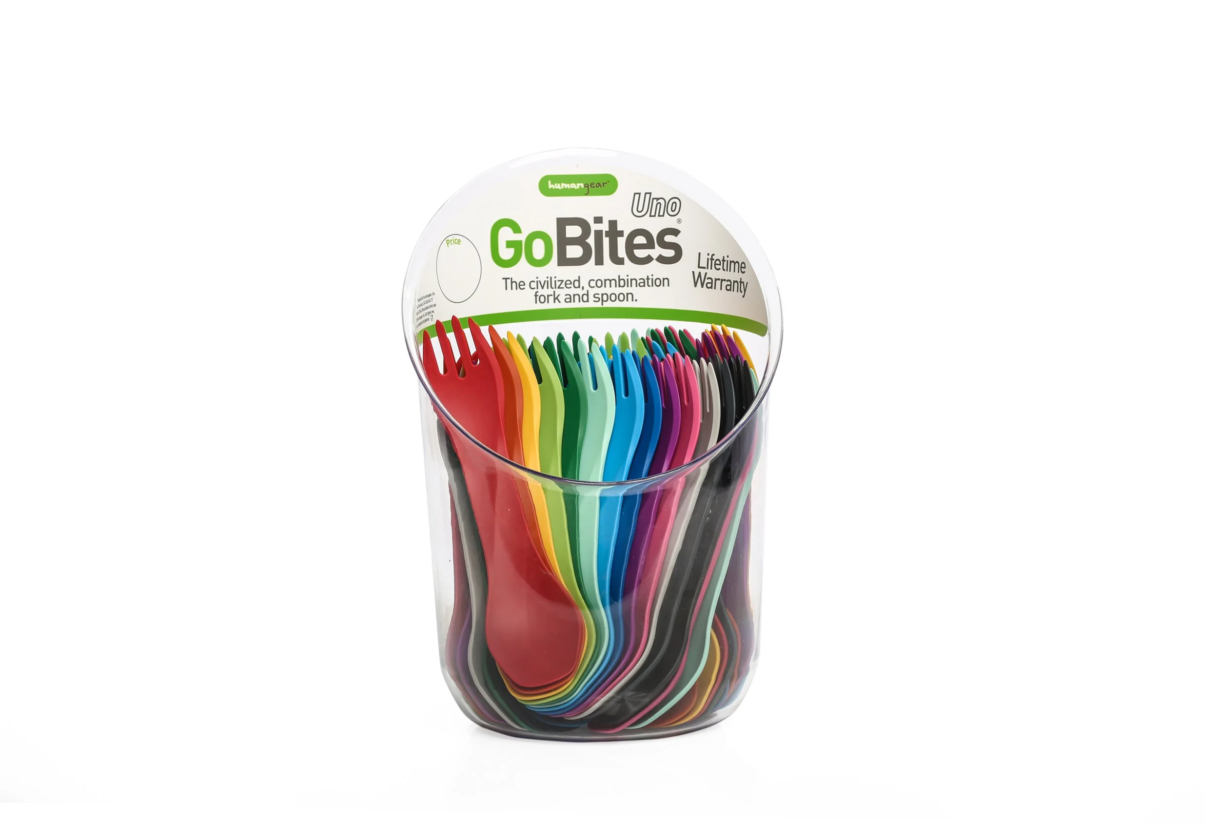 Container of colorful plastic sporks labeled "GoBites Uno" by humangear.