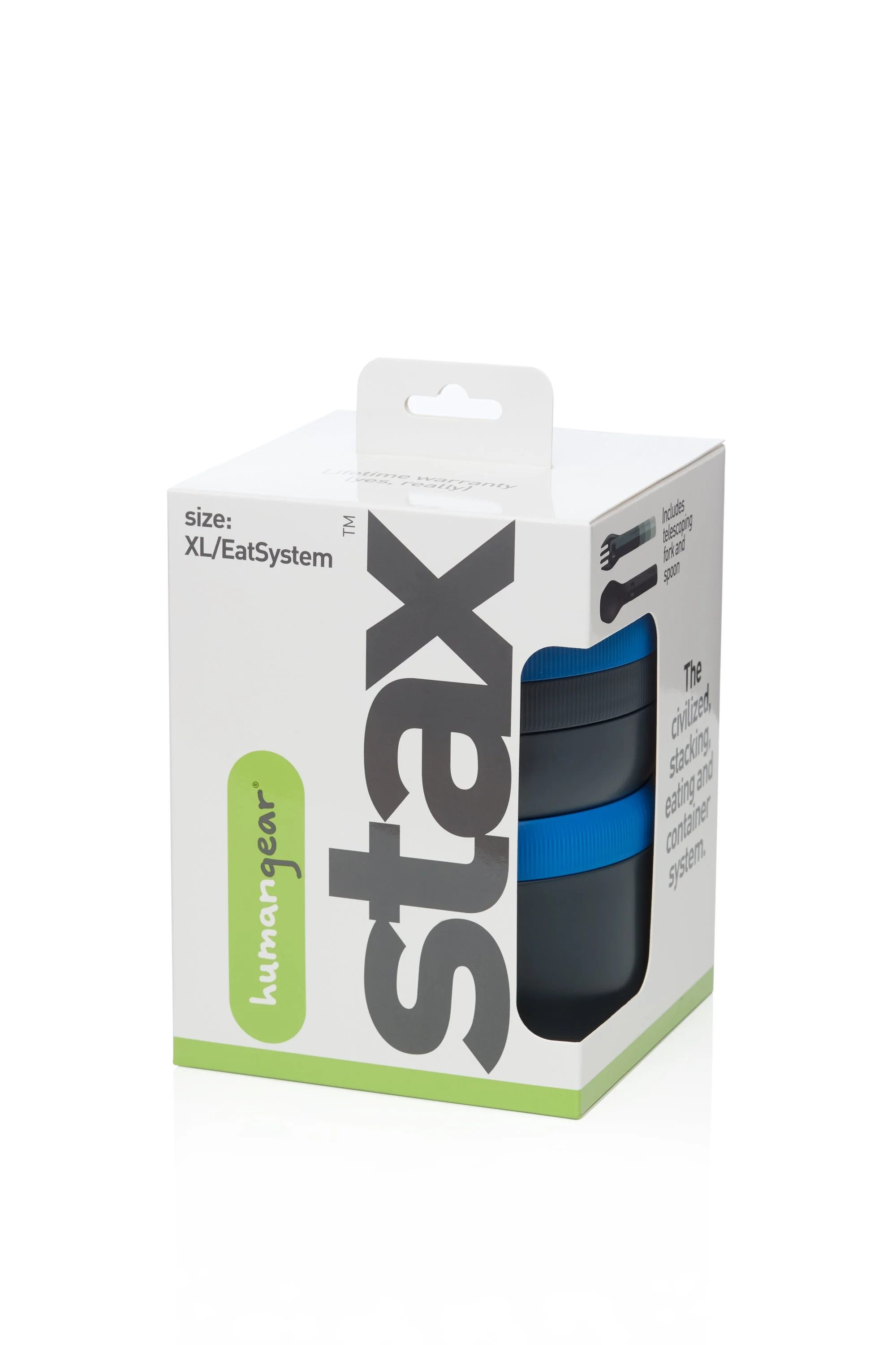 Stacked food container system in packaging labeled 'stax' by Humangear, size XL, featuring blue and gray colors, with a telescoping fork and spoon included.