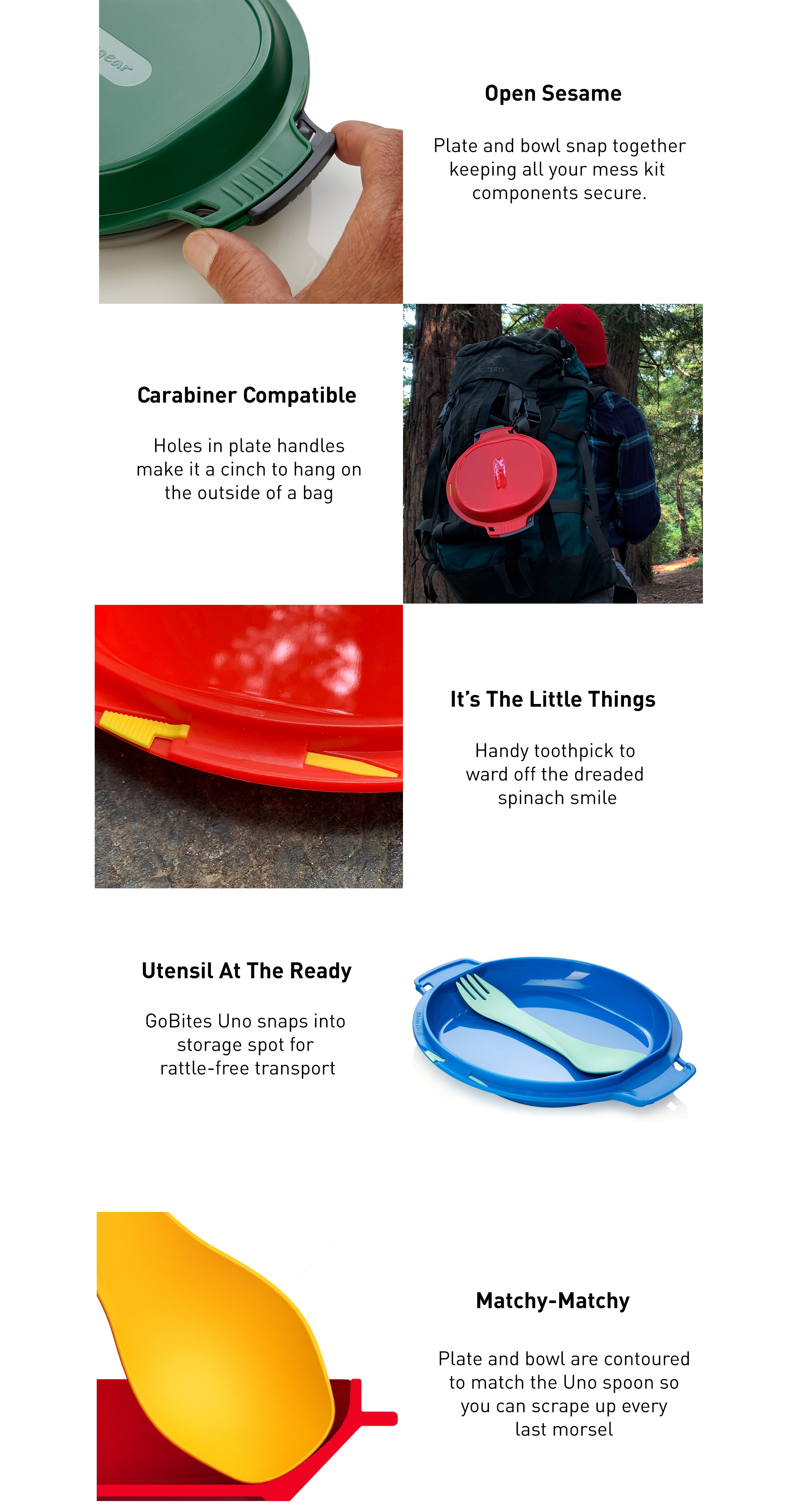 Image of a GoKits closure showing how it snaps closed. Image of a GoKit attached to the outside of a backpack as it's carabiner compatible. Image of toothpick on side of plate. Image of uno nested in plate. Image of spoon contoured to plate and bowl.