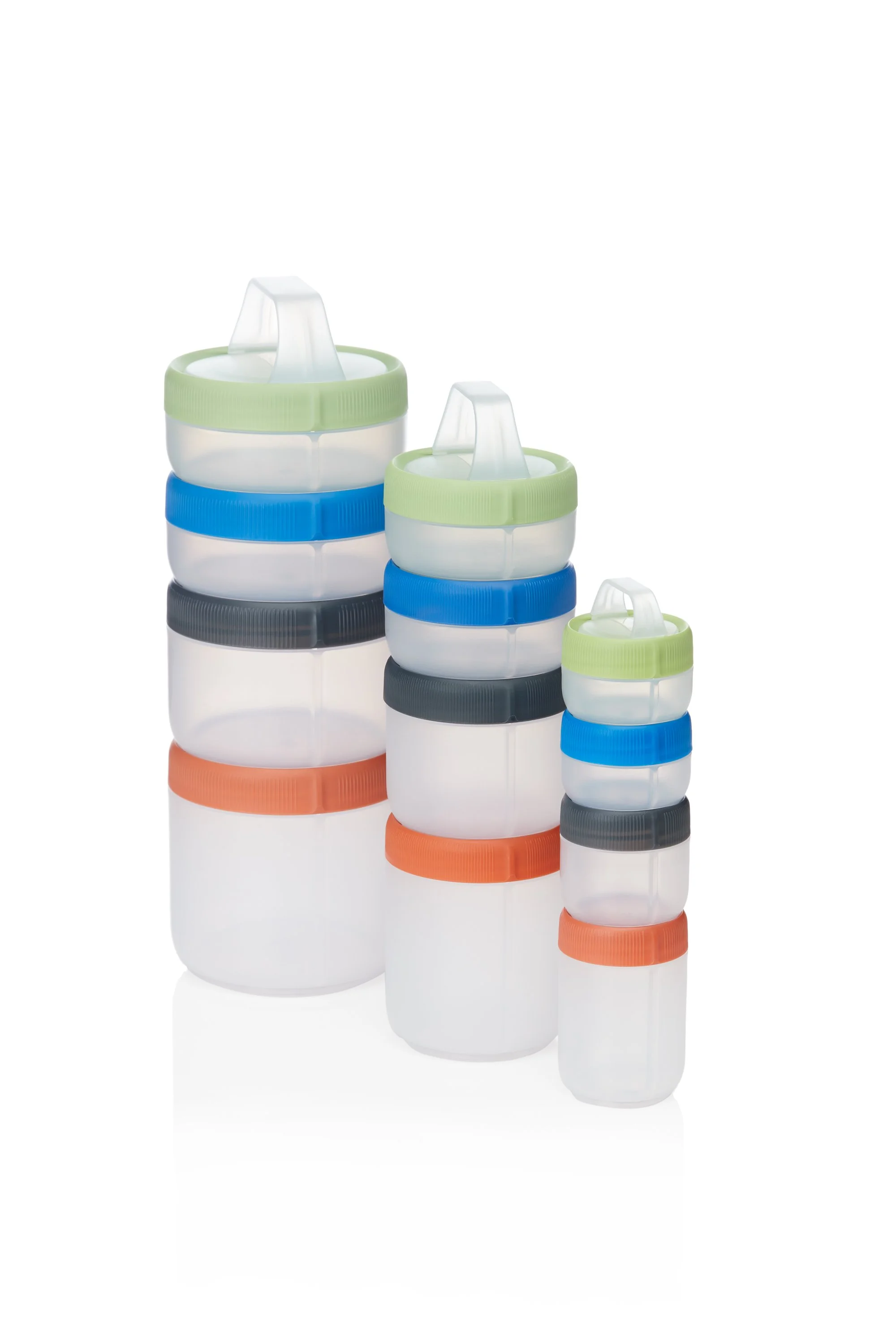 Stacked reusable plastic containers with colorful lids