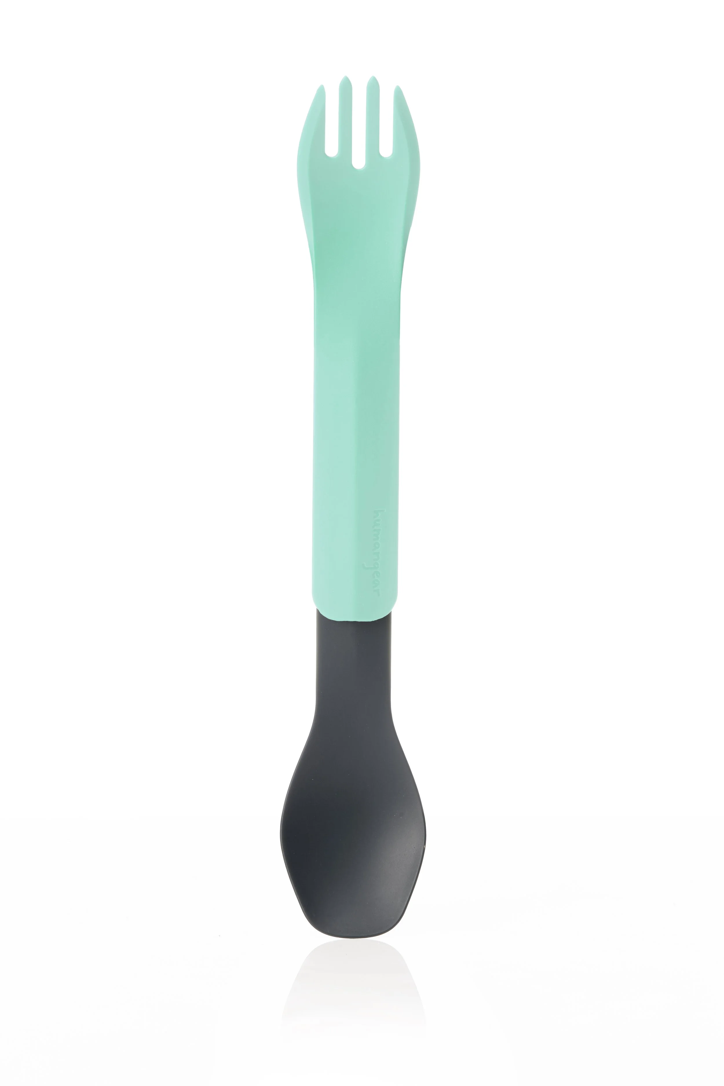 Plastic spork utensil with a green fork and black spoon.