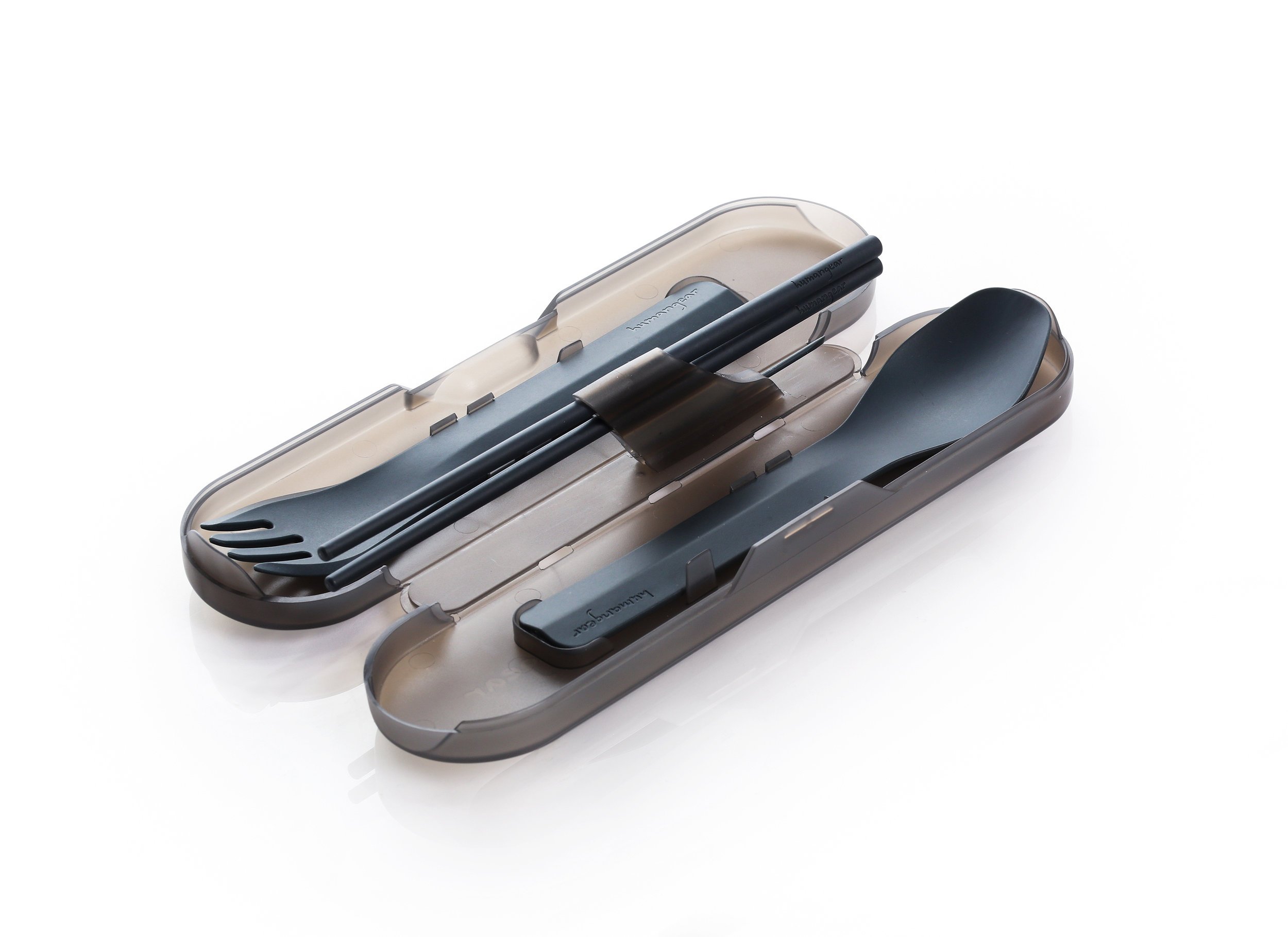 Reusable cutlery set with fork, spoon, and chopsticks in a case