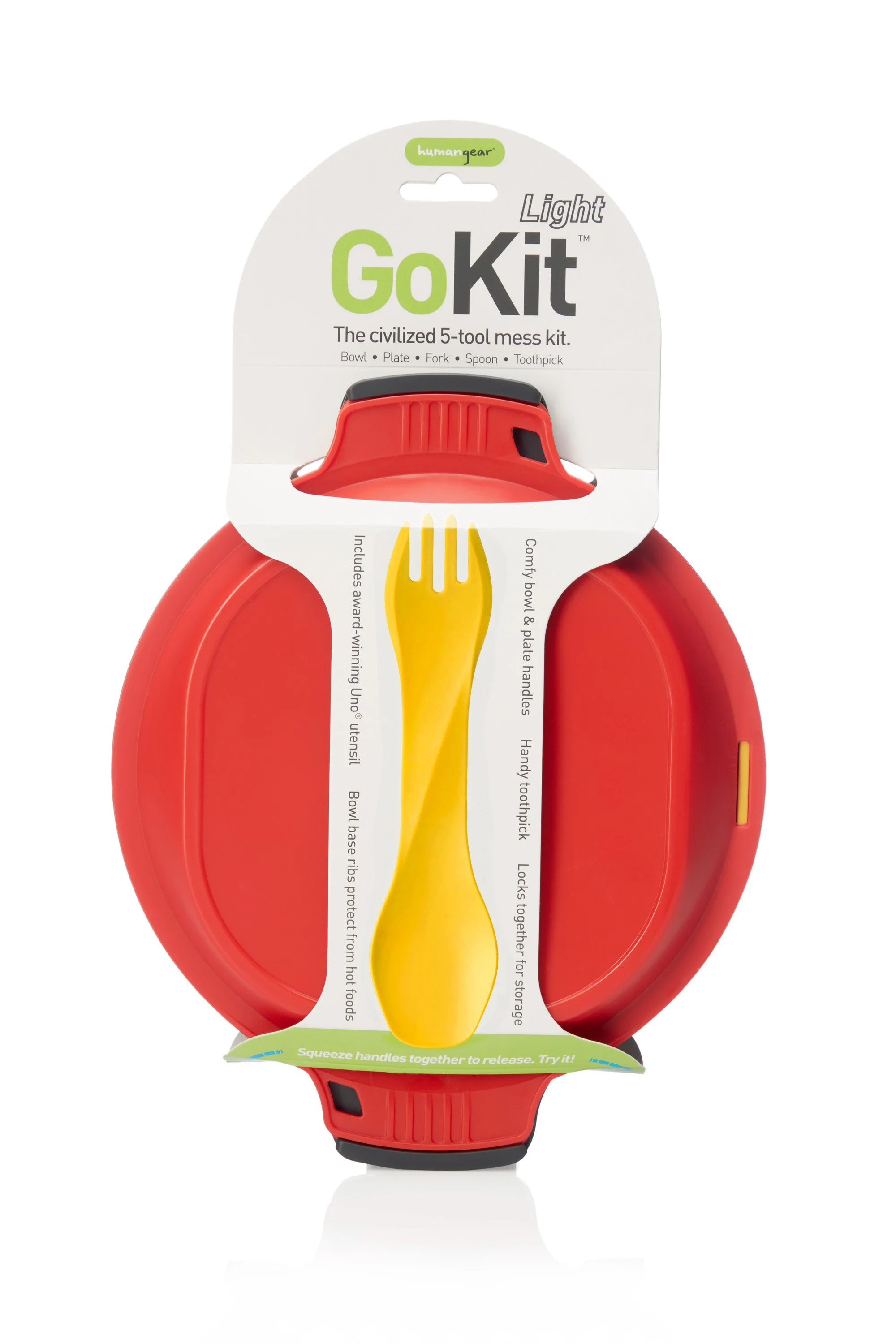GoKit Light mess kit with red bowl and plate, yellow spork, packaging indicating it's a 5-tool set.