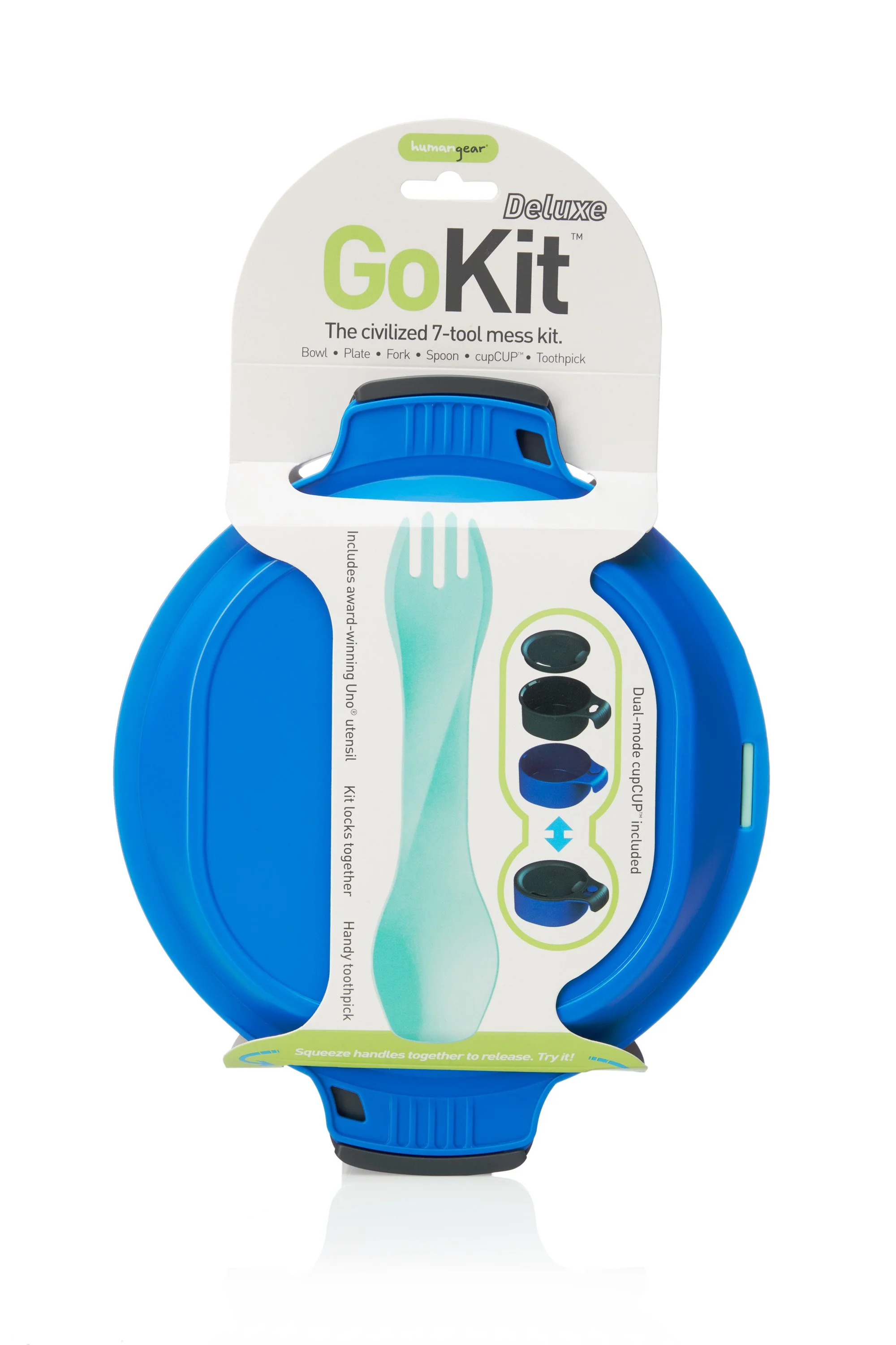 GoKit Deluxe packaging for a 7-tool mess kit by humangear, featuring a blue bowl, plate, fork, spoon, cupCUP, toothpick, and handle mechanism.
