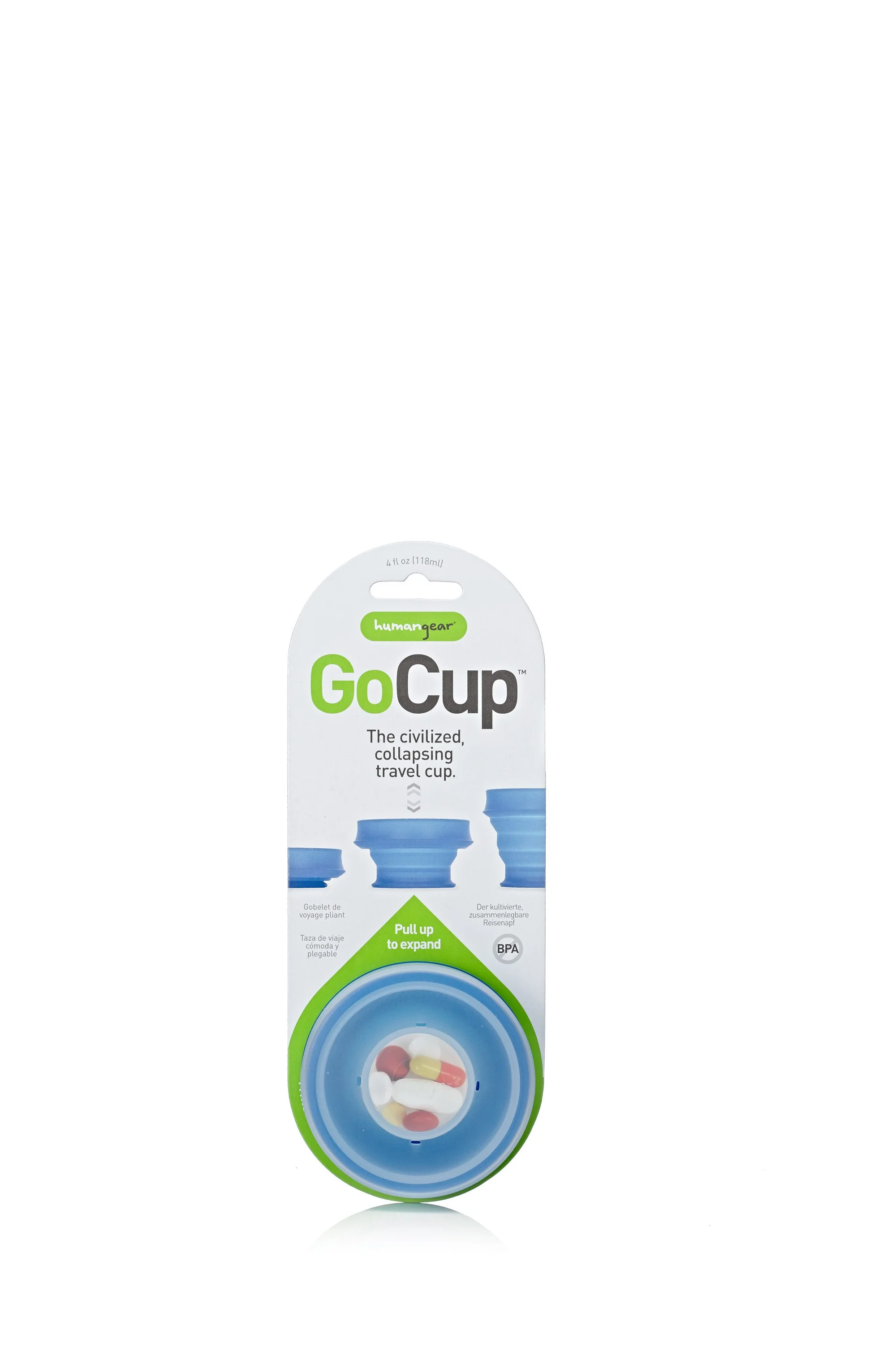Humangear GoCup packaging with a blue collapsible travel cup containing various pills, labeled "BPA Free" and "The civilized, collapsing travel cup".