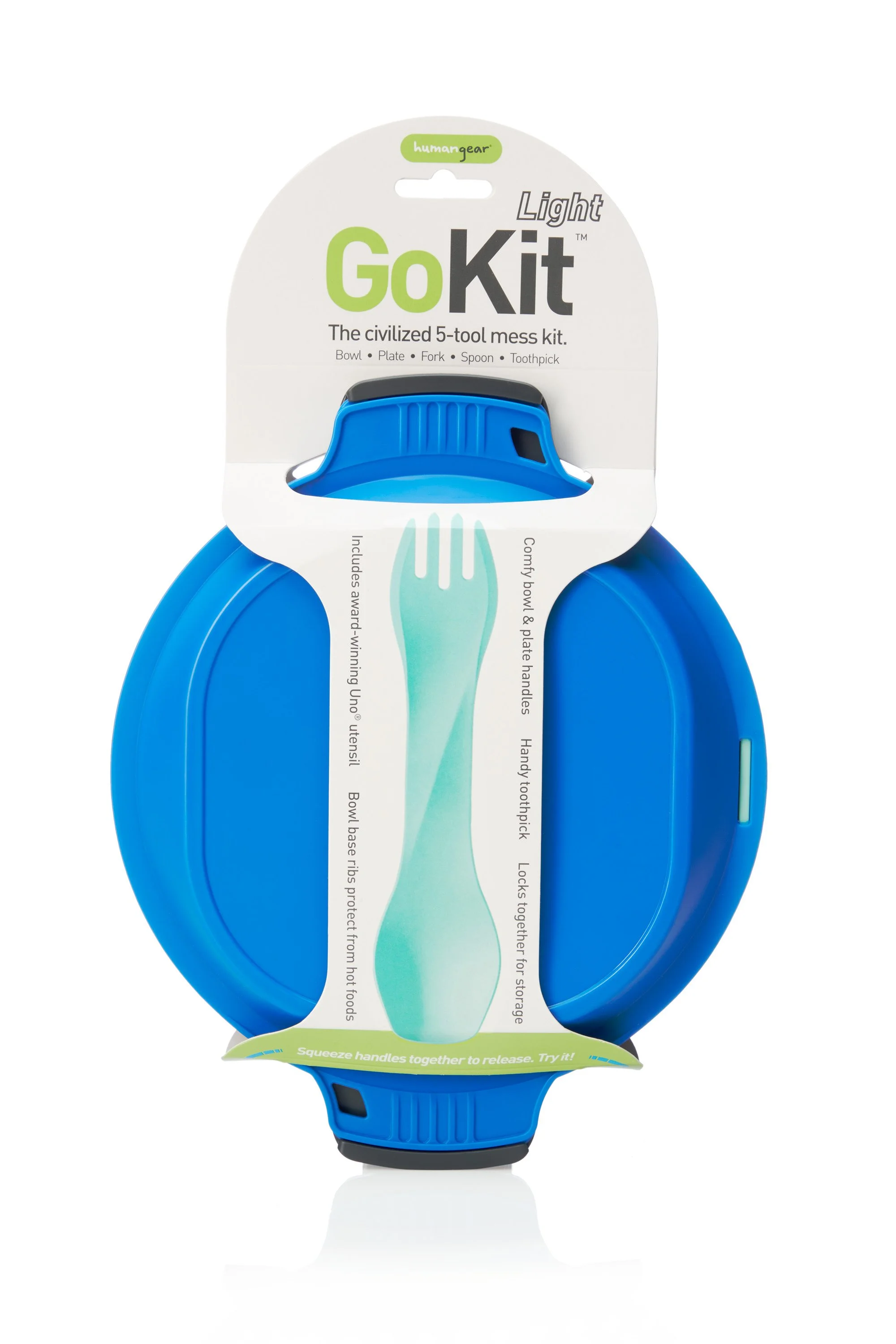 GoKit Light mess kit in blue, packaged, containing a bowl, plate, fork, spoon, and toothpick.