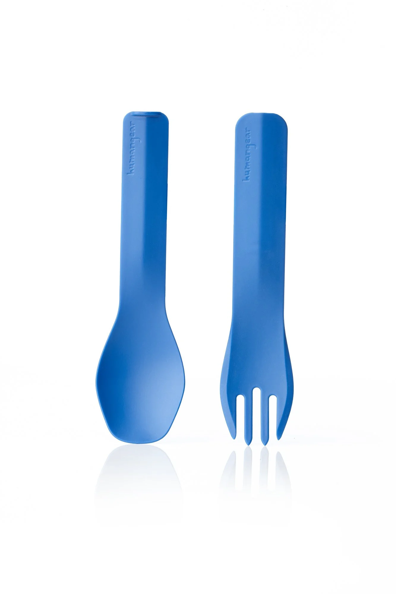Two blue plastic utensils; a spoon and a fork.