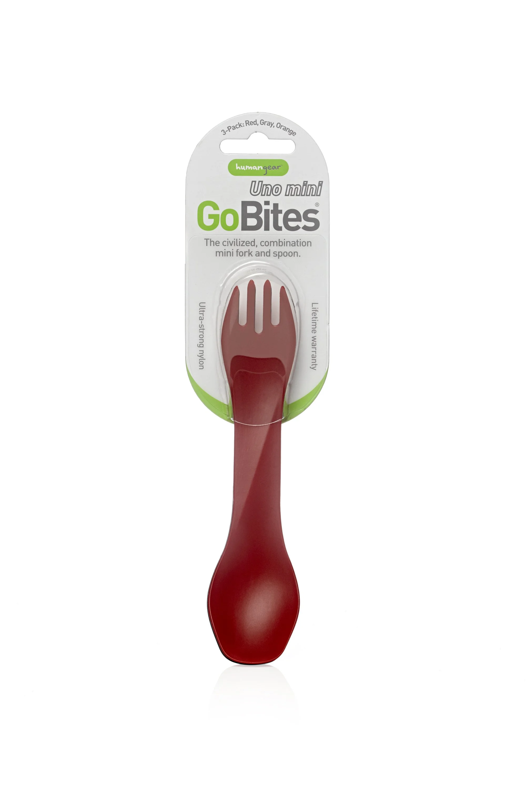 Red GoBites Uno mini spork in packaging, featuring a combination fork and spoon design with ultra-strong nylon material, labeled with product and brand information.