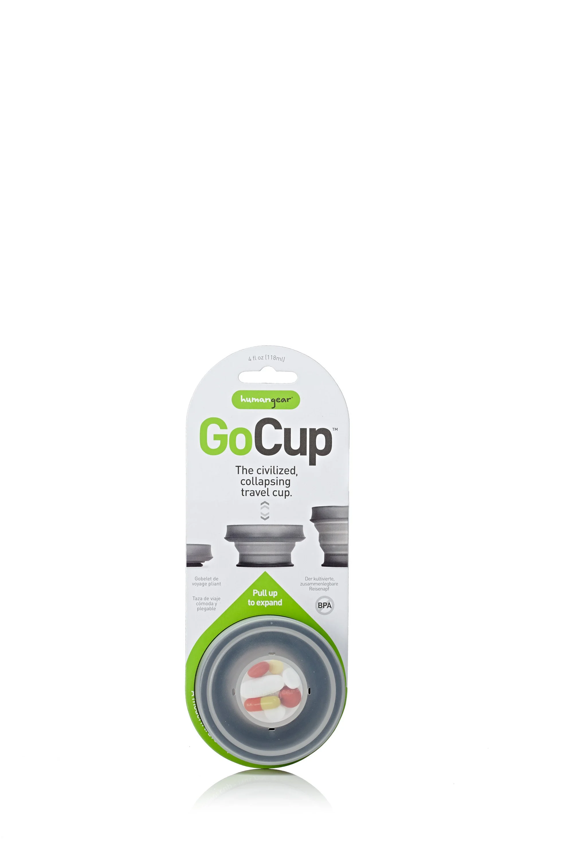 Humangear GoCup packaging, featuring a collapsible travel cup with pills visible inside, labeled as BPA-free and 4 fl oz (118 ml).