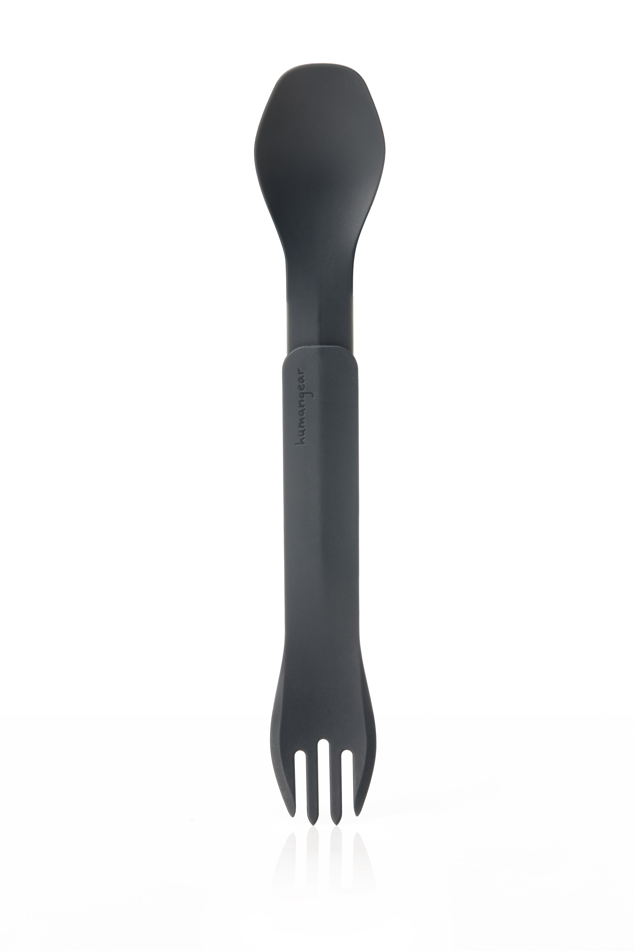 Black utensil with a spoon on one end and a fork on the other.