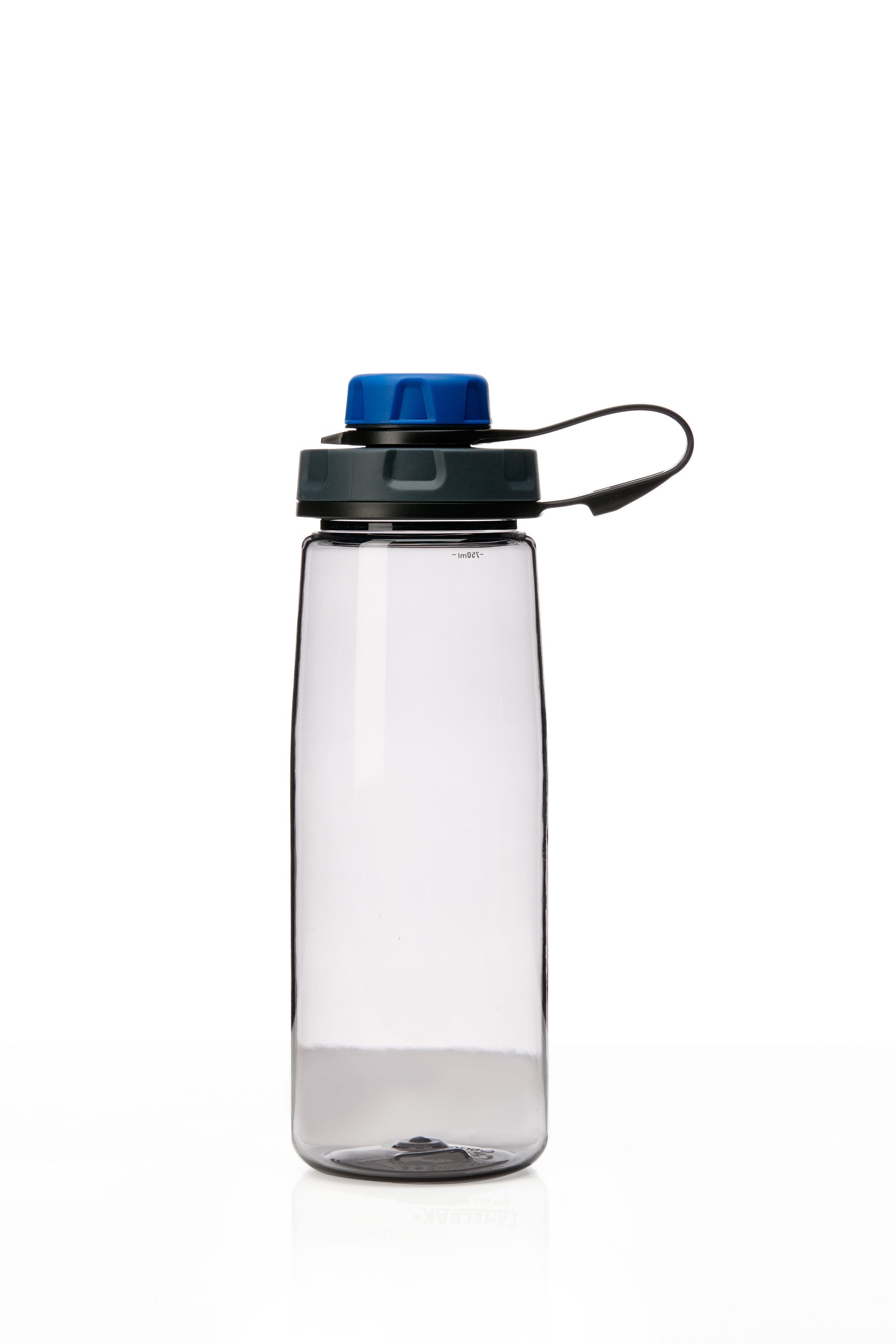 Clear plastic water bottle with blue cap and black strap