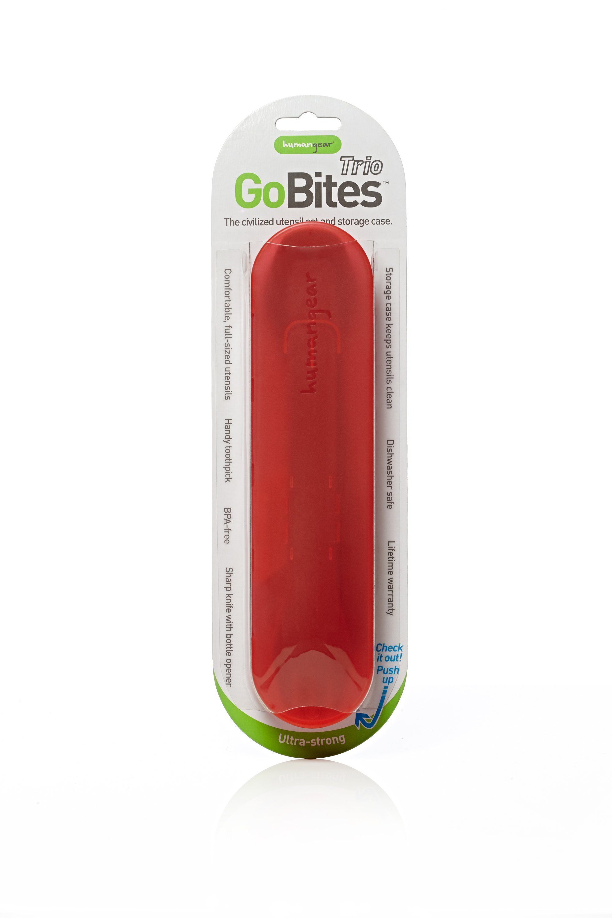 GoBites Trio utensil set package showing a red storage case from humangear.