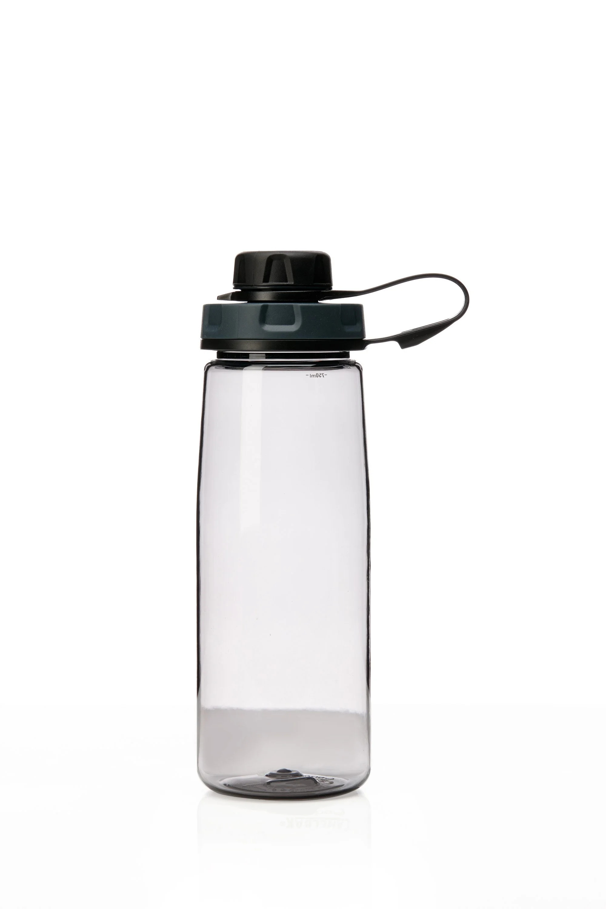 Clear plastic water bottle with a black lid and carrying strap.