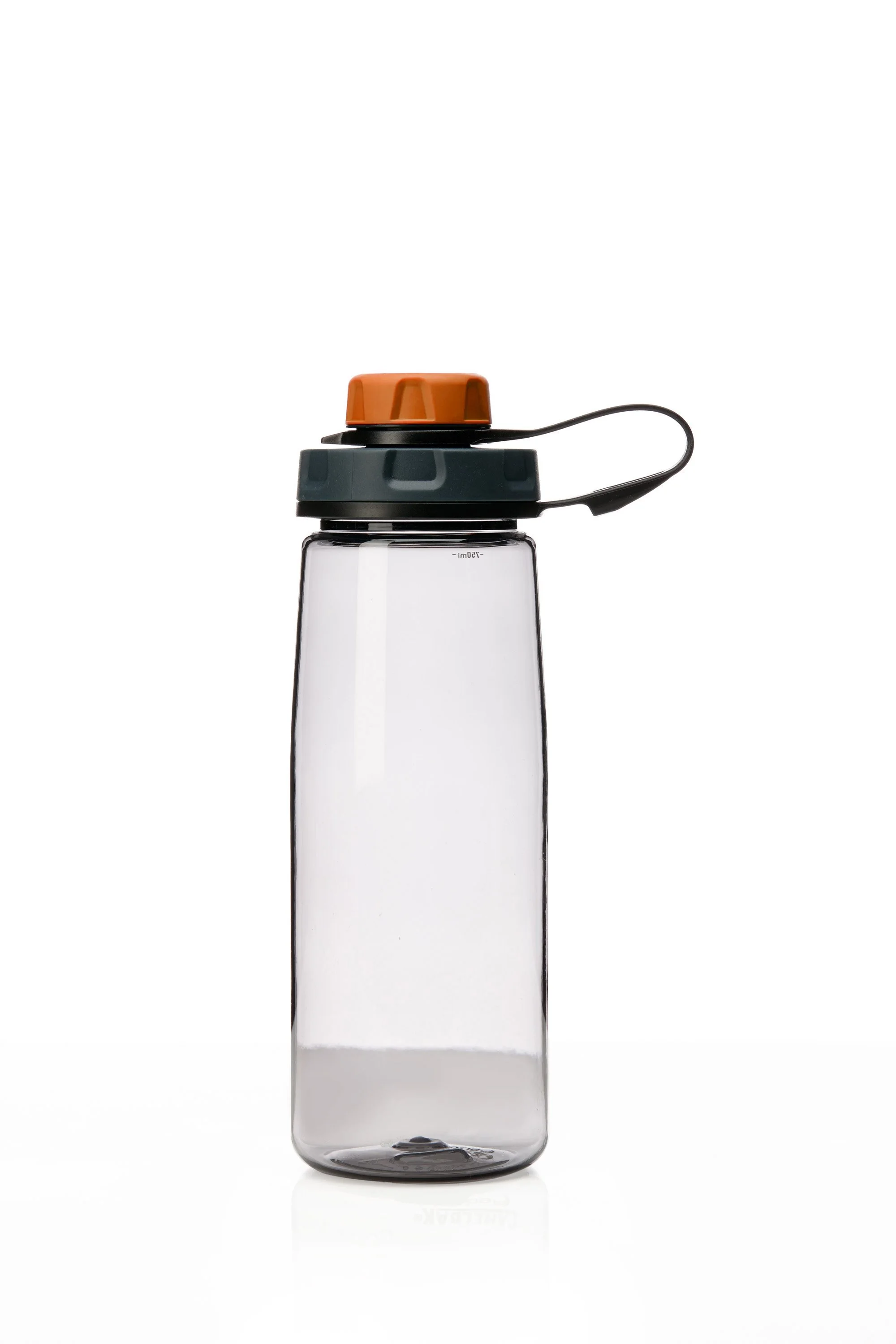 Transparent water bottle with orange cap and black strap