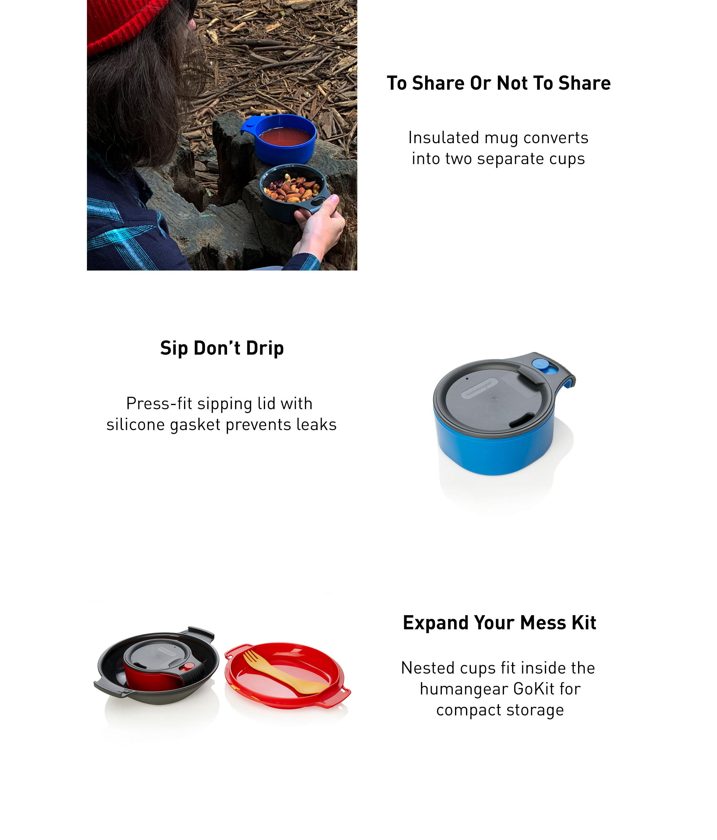 Image of a camper with a cupcup open using one cup for food and one for nuts. image of the sipping lid and explanation that there's a gasket. Image of a red GoKit open to show everything that fits inside (utensil and cup inside the plate and bowl).