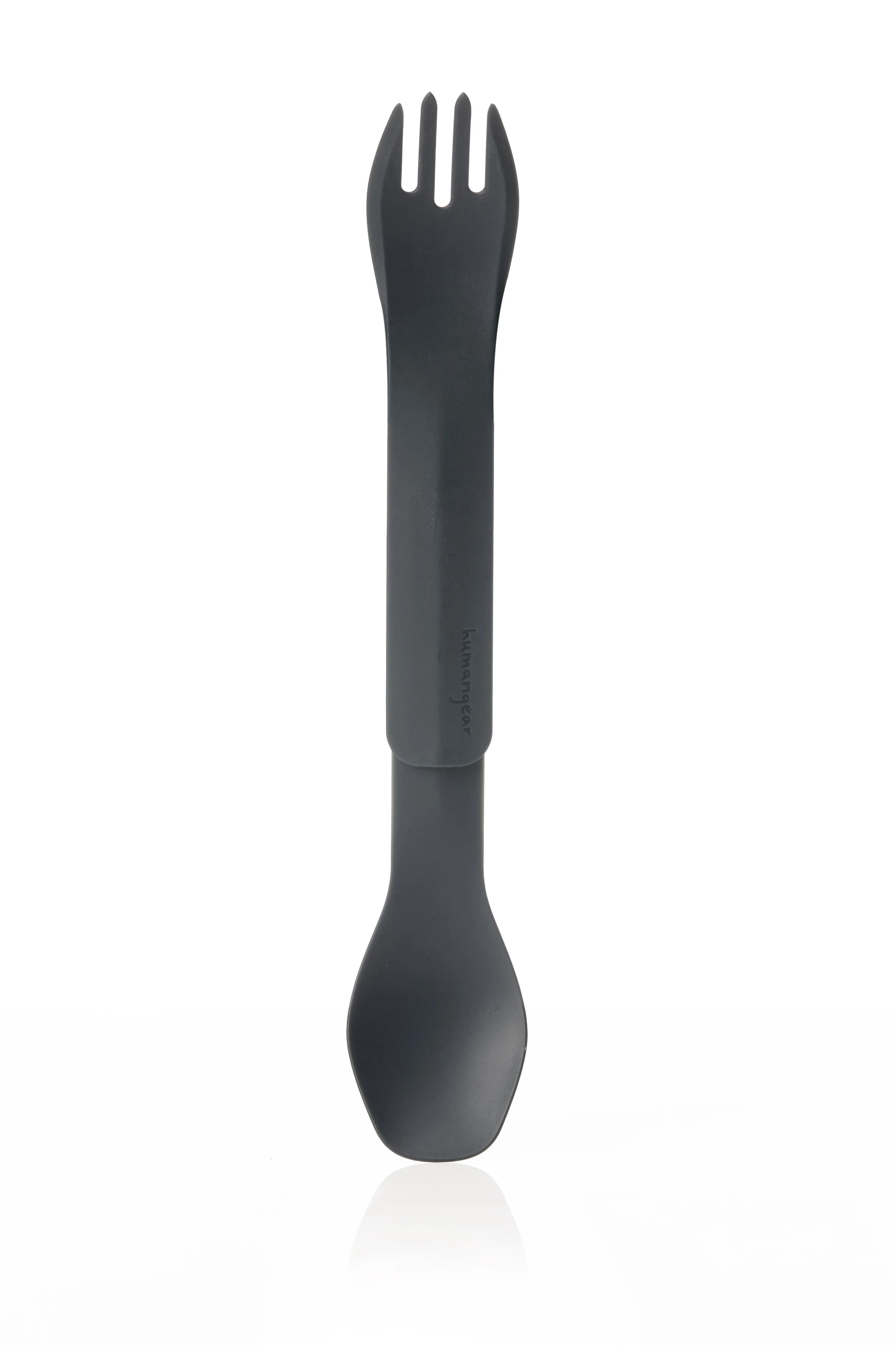 Plastic black spork with a fork and spoon combined.