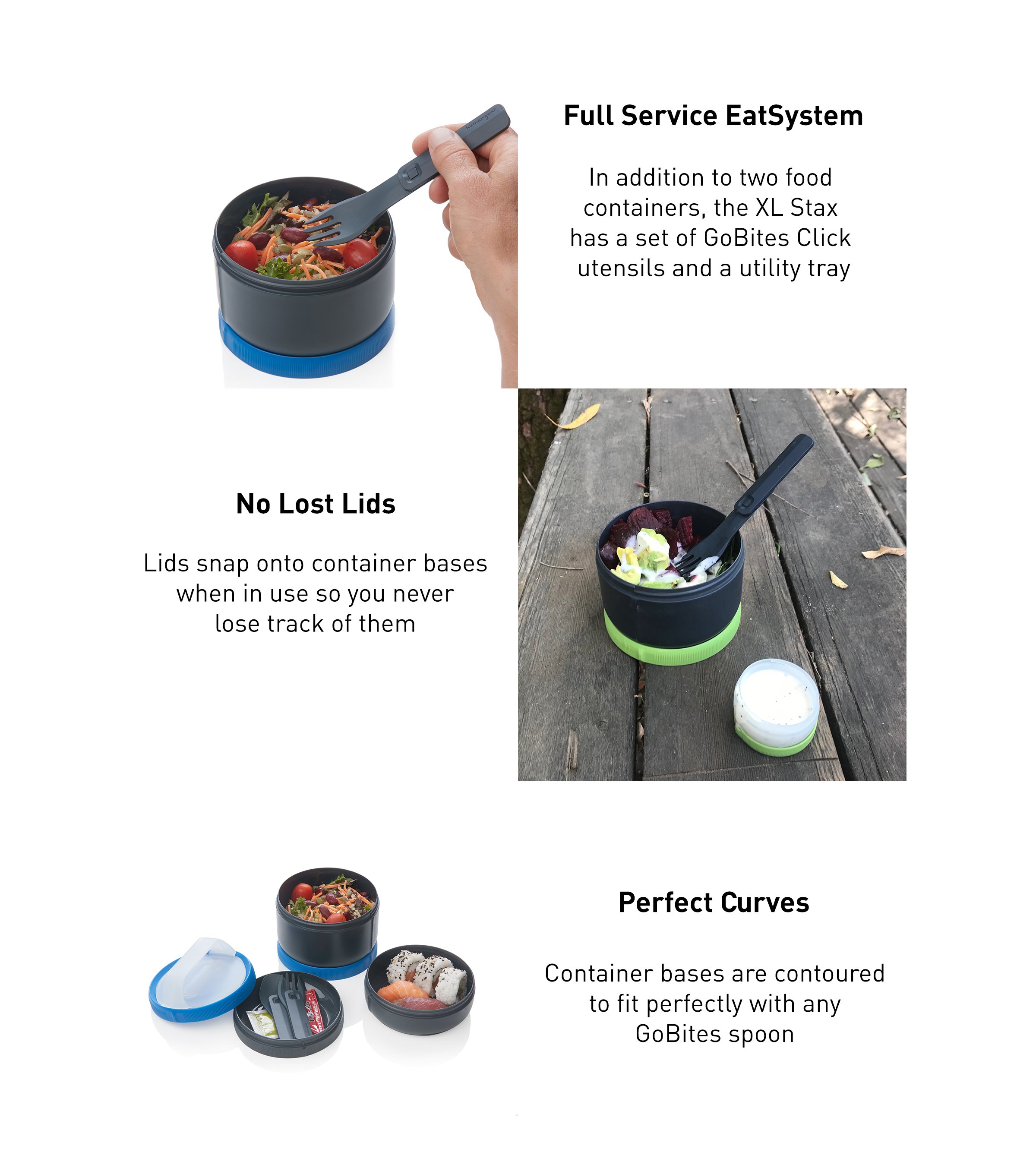 Image of open stax with salad inside and description explaining that it consists of two containers, click utensils, and a utility tray. Image and explanation of lids attaching to both top and bottom of containers. Detail that contours fit the spoon.