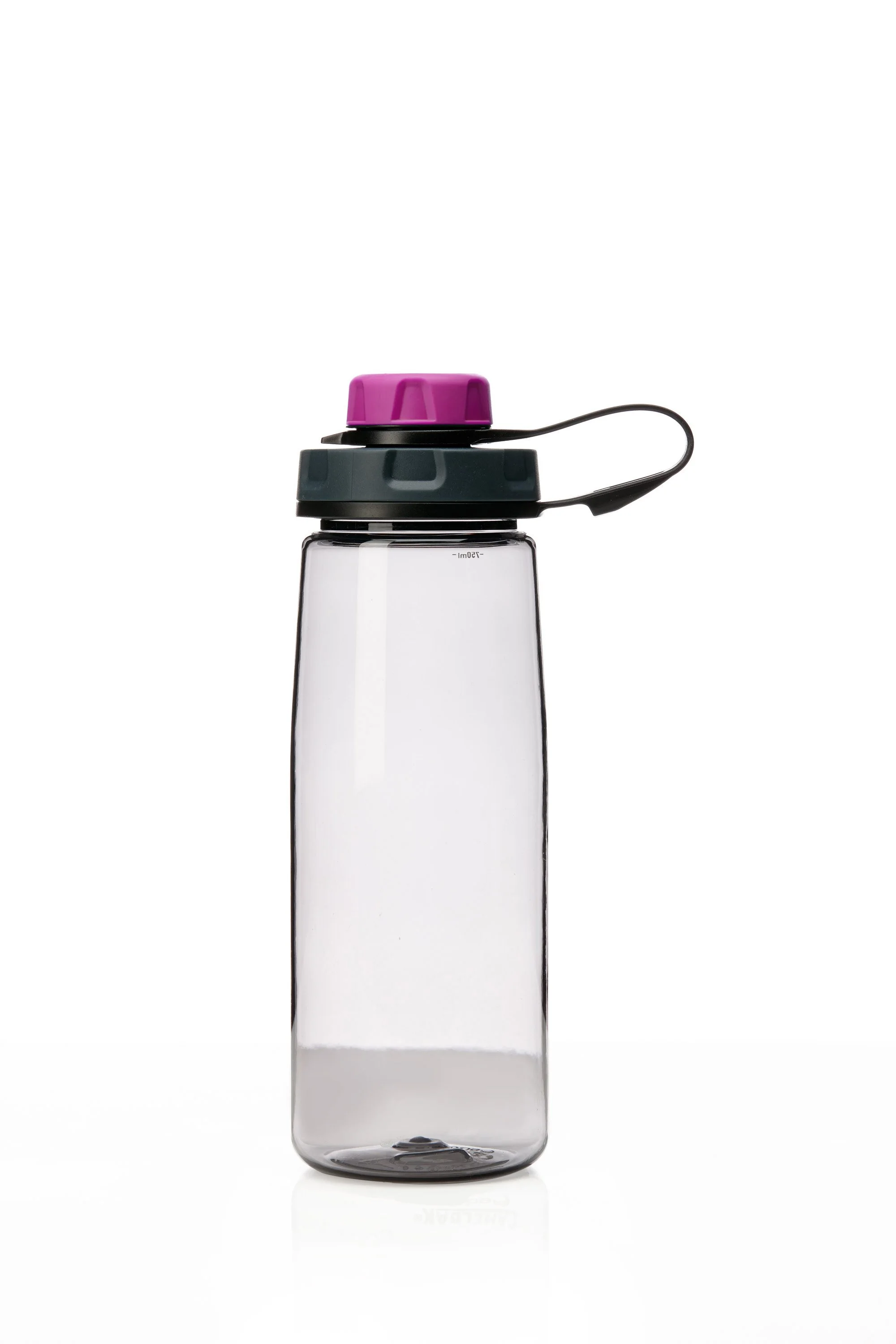 Clear water bottle with a purple cap and black handle on a white background.