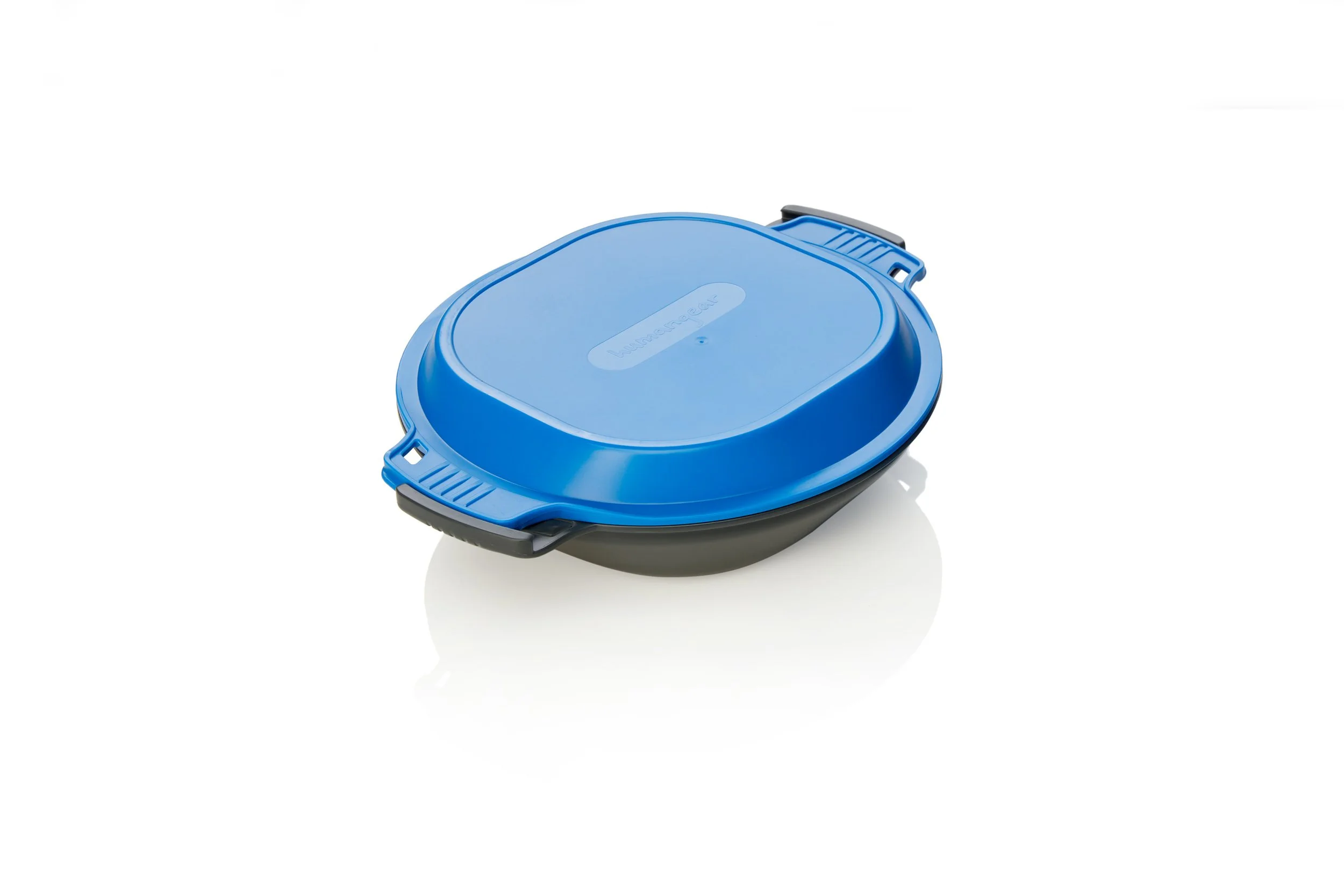 Blue Tupperware container with black handles and an oval shape against a white background.