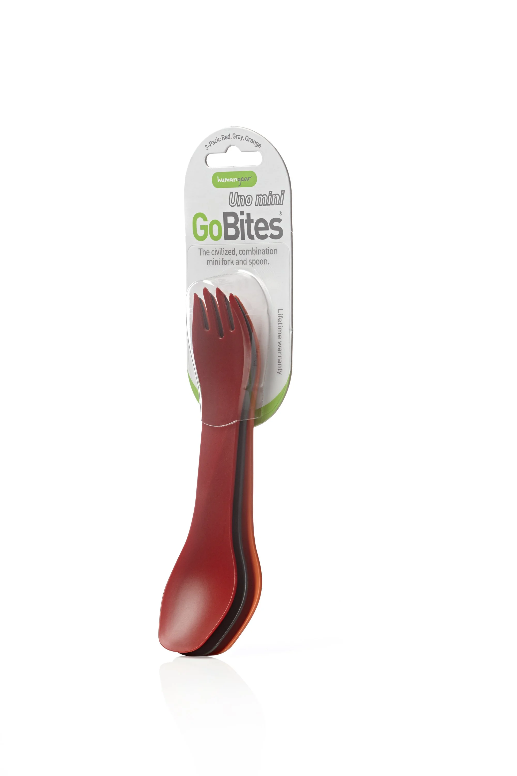 GoBites Uno mini utensil set in packaging, featuring red, gray, and orange combination fork and spoon tools.