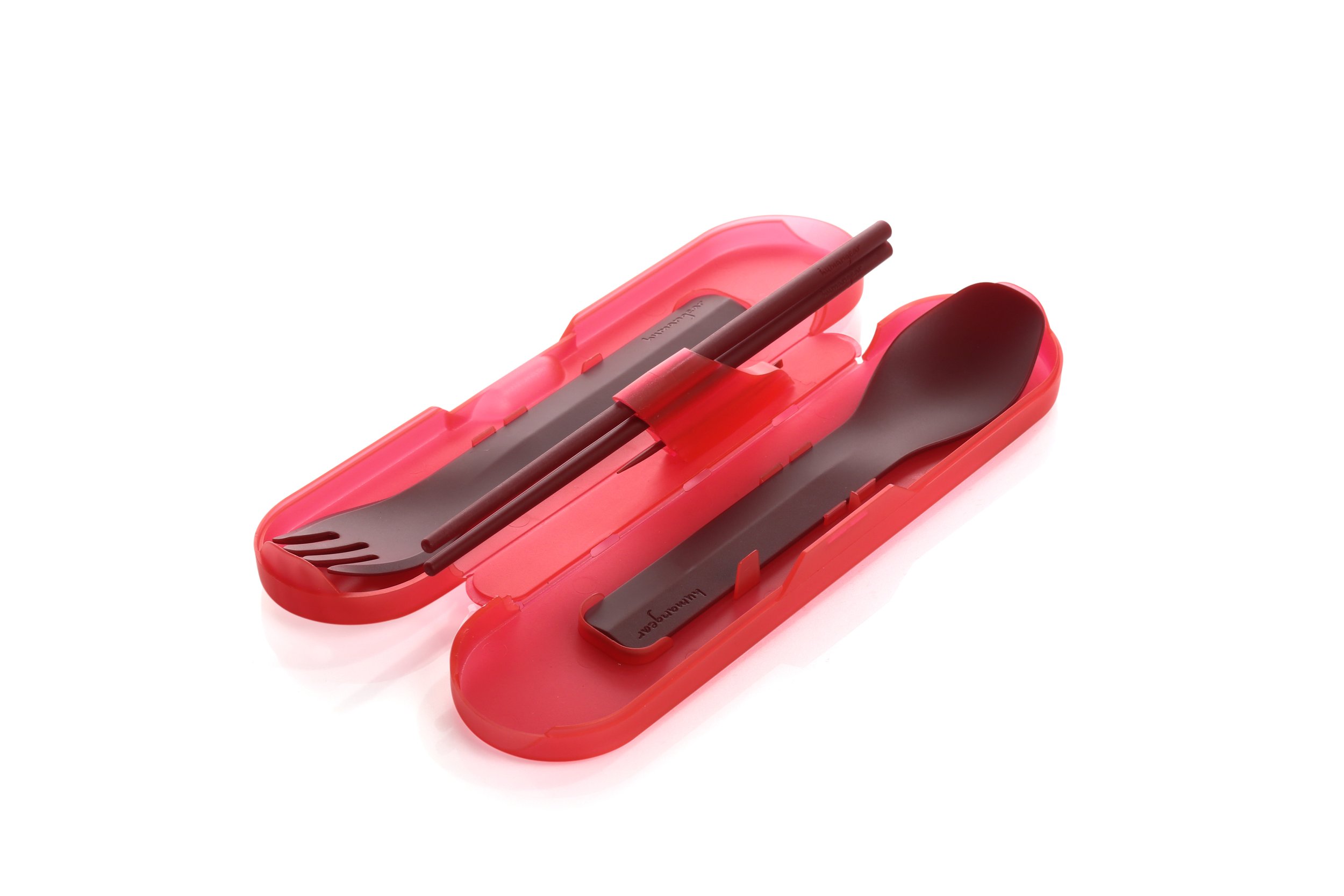 Portable cutlery set with red case including chopsticks, spoon, and fork.