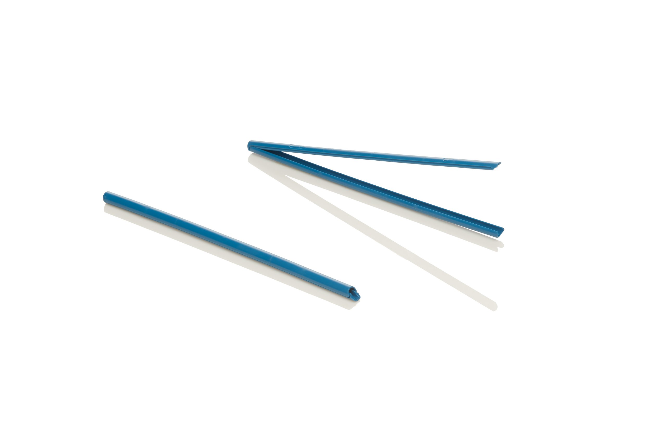 Two broken blue plastic drinking straws on a white background.