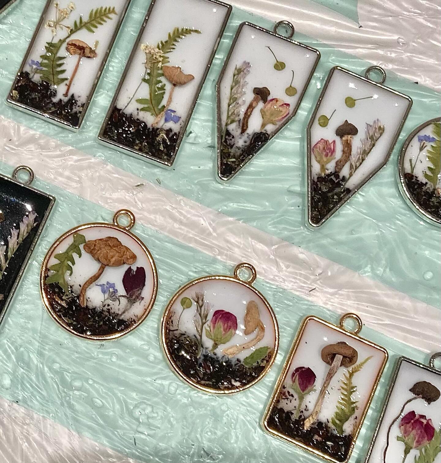 NEW WORK IN PROCESS&mdash;DM me to preorder!! Necklaces, earrings, and rings, oh my! 🤗

I&rsquo;m pretty much out of tiny mushrooms 😭 so this&rsquo;ll be it for mushroom jewelry until you&rsquo;ll find me rolling around in the mud after a warm summ
