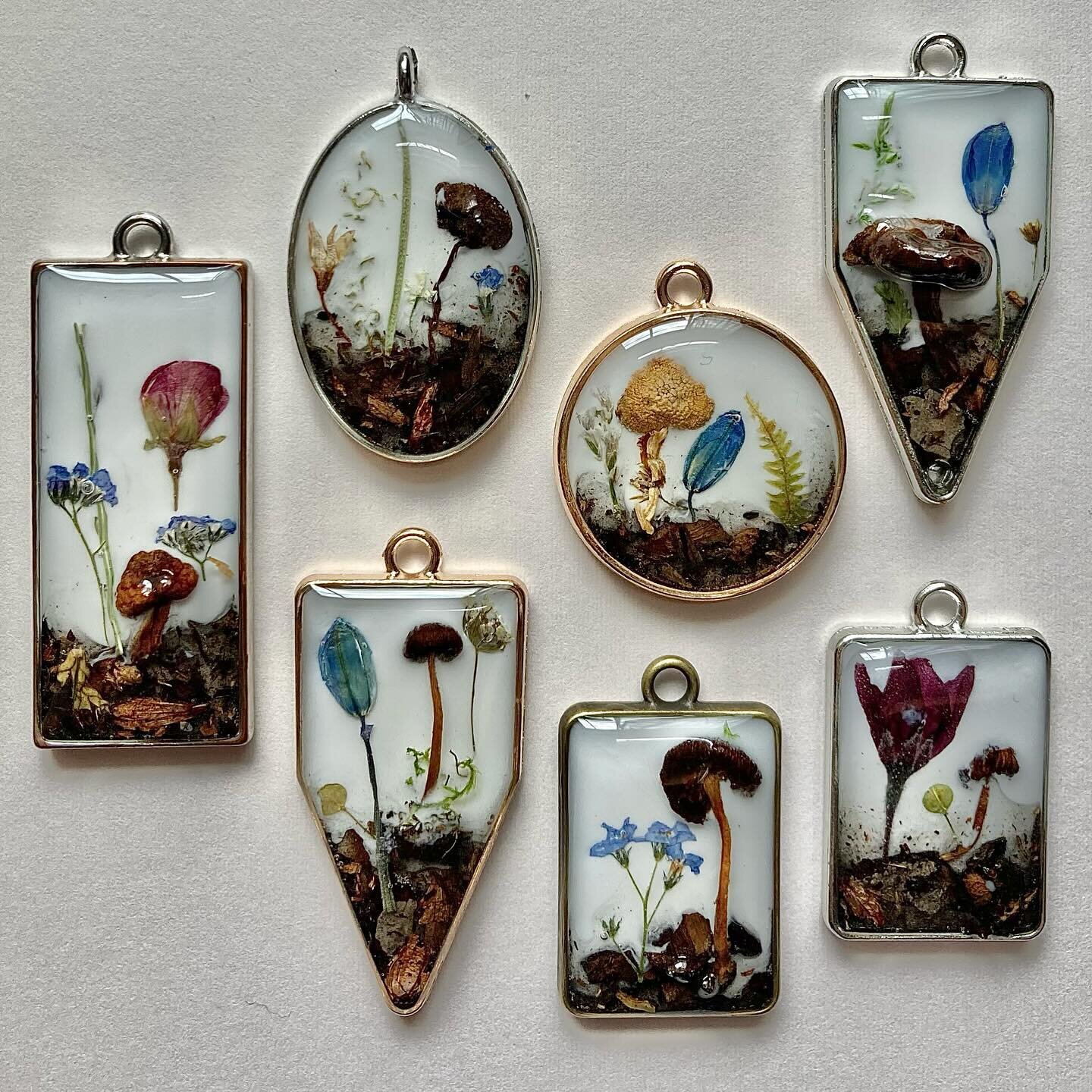 New mushroom landscape pendants for necklaces &amp; earrings, featuring mushrooms how you might find them in their natural habitat in The Berkshires, with grasses, ferns, moss, Siberian squill, soil, and an assortment of flowers. 

🐝 take a piece of