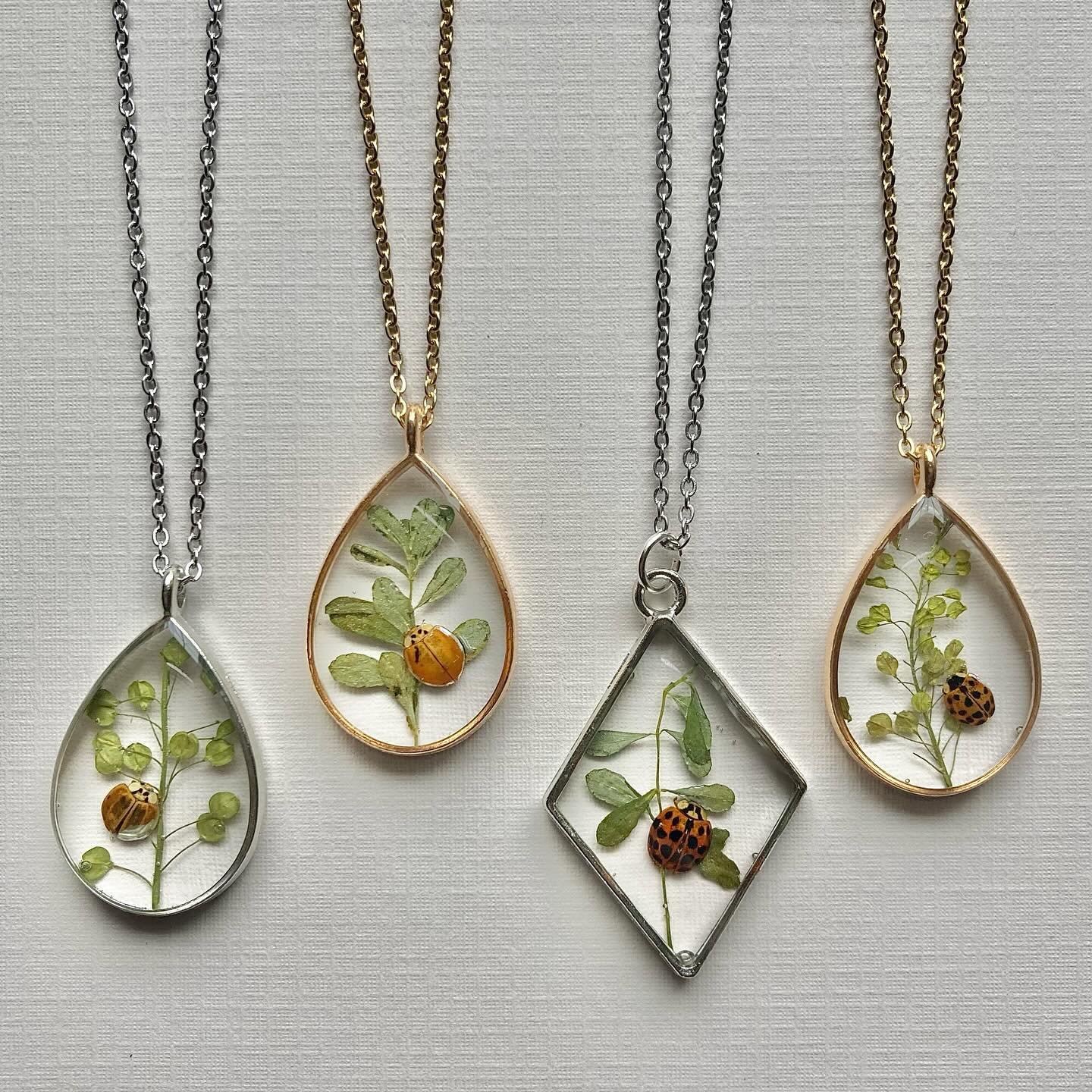 Leaf &amp; ladybug or Asian lady beetle necklaces 🌿🐞

*no bugs harmed 

🐝 Take a piece of the Berkshires with you 🐝 

.
.
.
.
.
.
.

 #entomology #insectart #insect #insects  #jewelryshop #insectjewelry #necklace #necklaces #entomologyart #m#bugj