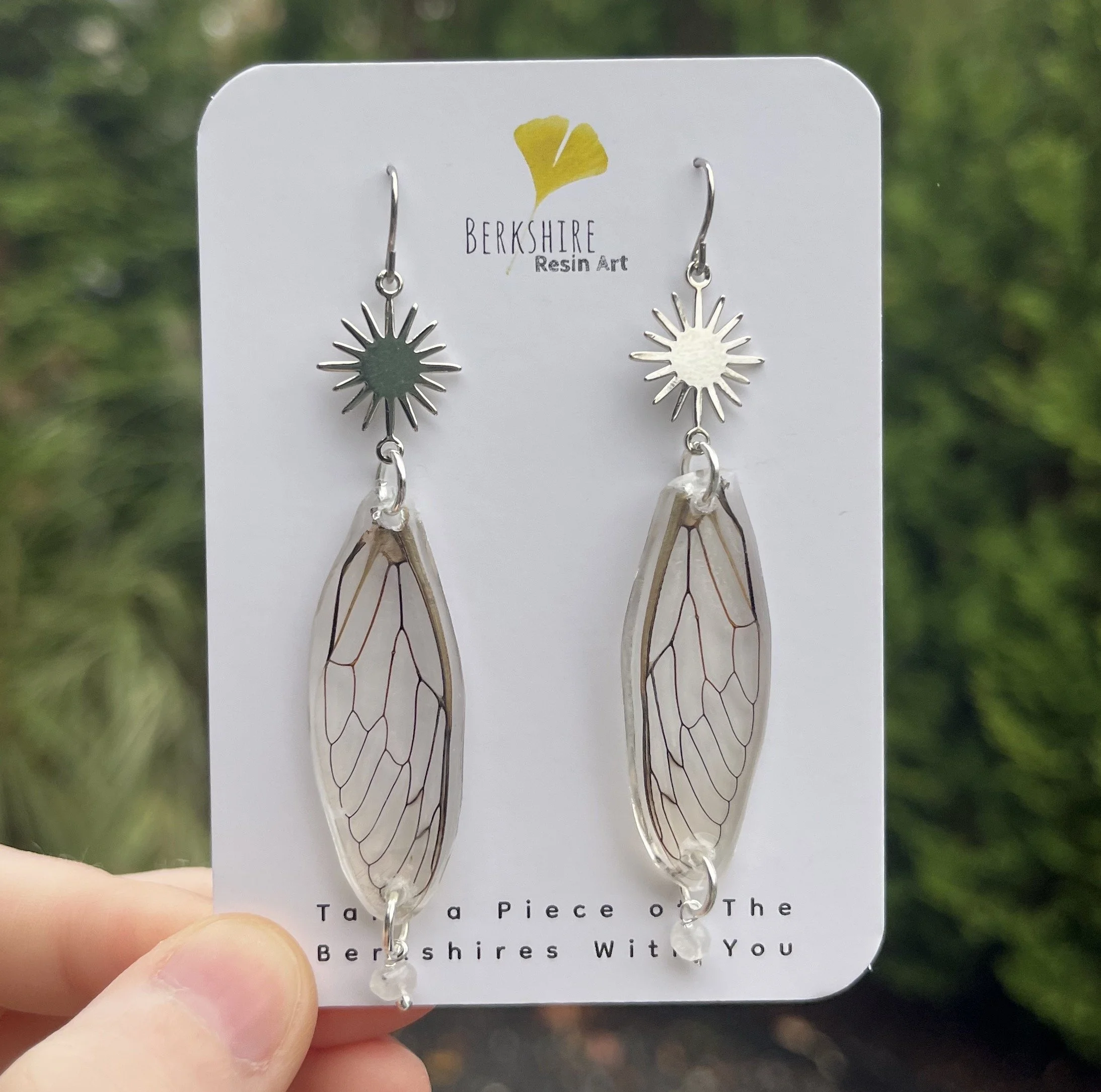 Cicada wing earrings with moonstone (cicada found by client)